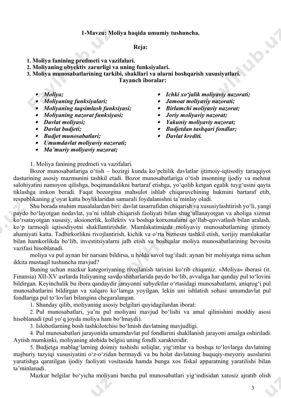 rni, aniqrog‘i pul munosabatlarini bildirgan va xalqaro ko‘lamga yoyilgan, lekin uni ishlatish sohasi umumdavlat pul fondlariga pul to‘lovlari bilangina chegaralangan. 1. shunday qilib, moliyaning asosiy belgilari quyidagilardan iborat: 2. pul munosabatlari, ya’ni pul moliyani mavjud bo‘lishi va amal qilinishini moddiy asosi hisoblanadi (pul yo‘q joyda moliya ham bo‘lmaydi). 3. islohotlarning bosh tashkilotchisi bo‘lmish davlatning mavjudligi. 4. pul munosabatlari jarayonida umumdavlat pul fondlarini shakllanish jarayoni amalga oshiriladi. aytish mumkinki, moliyaning alohida belgisi uning fondli xarakteridir. 5. budjetga mablag‘larning doimiy tushishi soliqlar, yig‘imlar va boshqa to‘lovlarga davlatning majburiy tazyiqi xususiyatini o‘z-o‘zidan bermaydi va bu holat davlatning huquqiy-meyoriy asoslarini yaratishga qaratilgan ijodiy faoliyati vositasida hamda bunga xos fiskal apparatning yaratilishi bilan ta’minlanadi. mazkur belgilar bo‘yicha moliyani barcha pul munosabatlari yig‘indisidan xatosiz ajratib olish mumkin. misol uchun fuqarolar o‘rtasida, fuqarolar va chakana savdo o‘rtasidagi (hattoki, chakana narxlarni davlat tomonidan tartibga solish sharoitida ham) yuzaga keladigan pul munosabatlarini fuqarolik – huquqiy usul bilan tartibga soladi. …