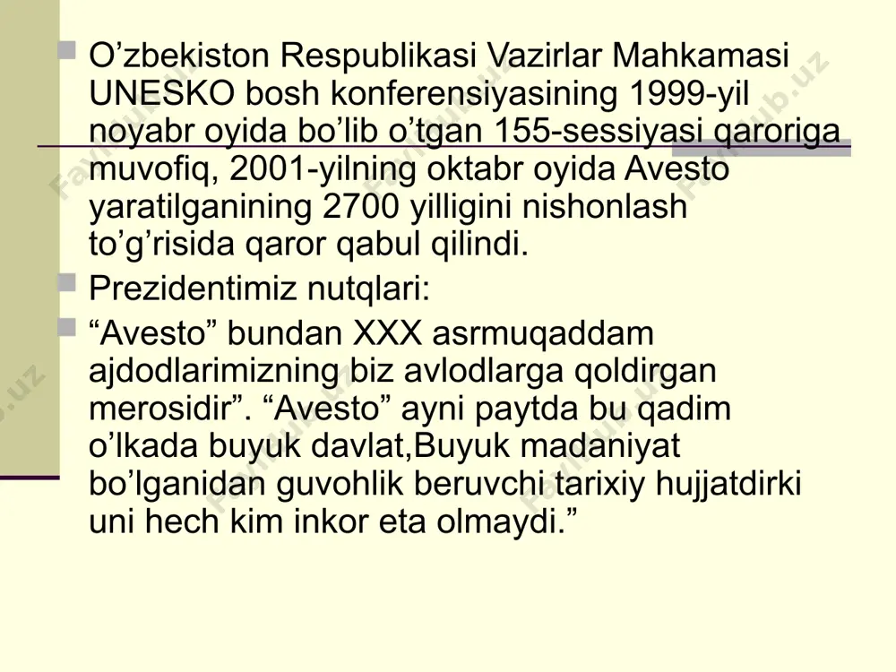 qarshi kurash,20-nask ruhning u dunyodagi sarguzashtlari,21-nask axuramazda va uning 6 doimiy o’lmas malaklar haqida. avesto kitobining 4 ta parchasi yetib kelgan. ular yasna, visparad,videvdat, yasht. ulardan tashqari “kichik avesto” nomini olgan eng zarur duo va takbirlarning yig’ma kitobi. yasna kitobi 72 bobdan iborat bo’lib boblari haitiy deb atalgan. videvdat kitobi 22 bob bo’lib,boblari fragard deb atalgan. visparad naski 24 bob bo’lib, har bir bob karde deb atalgan. yasht kitobi “avesto”ning eng qadimiy qatlami bo’lib, 22 bobdan iborat. har bir bob ahura-mazdadan boshlanib, u yaratgan va uning ma’lum vazifalarini bajaruvchi mabudlar shaniga aytilgan duolardan iborat. ahura-mazda o’rta osiyo va eron hududida quyosh va yorug’lik mabudasi-mitra, fayz va baraka mabudasi-nohit, baxt va qismat yurt tinchligi ma’budasi-humo, yer-suv va yog’ingarchilik xudosi-anahita va xubbi,qirg’in urushlar va muzaffarlik ma’budi-mirrix, yaxshilik va ezgulik ma’budalari gaya maretan va yima kabilarni muqaddas bilganlar. zardushtiylik dinining asoschisi zardusht purishasp spitama avlodidan, onasining ismi dugdoba bo’lgan. yoshligida otasi uni cho’pon …