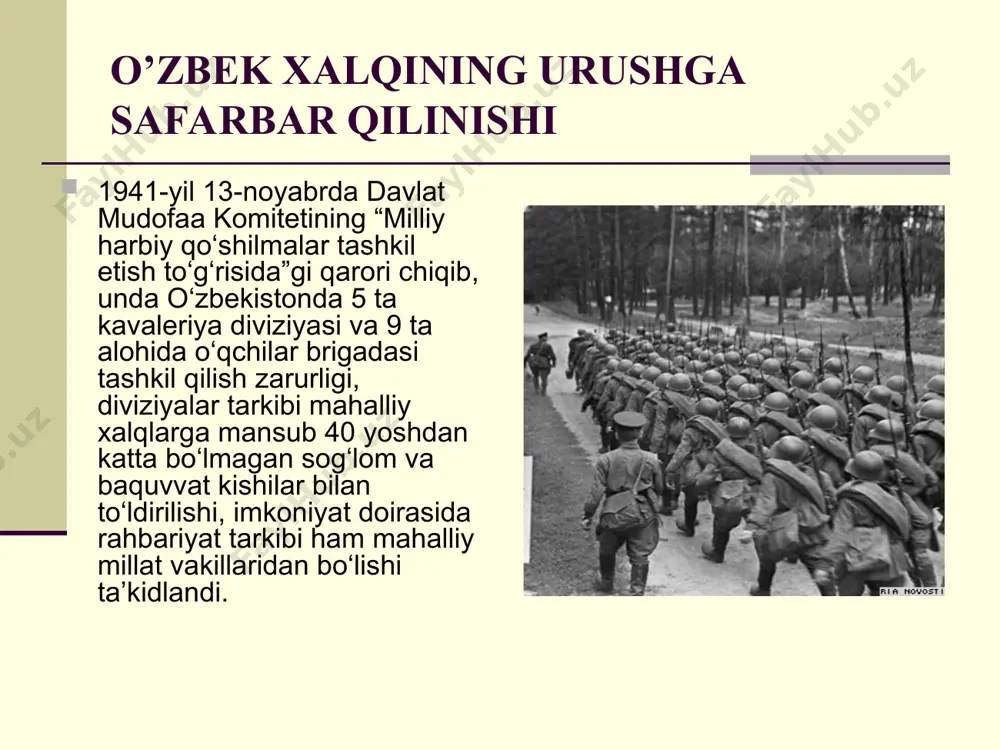 likka chiqarildi. ulardan shofirkonlik ab dulla rasulov singari sanoqli yurtdoshlarimiz nemis va sovet konslagerlaridan omon chiqib, o‘zbekistonga qaytdilar. o‘zbekistonliklar ikkinchi jahon urushi frontlarida olib borilgan ayovsiz janglarda faol qatnashib, qahramonlik va mardlik namunalarini ko‘rsatdilar. eng so‘nggi tarixiy tadqiqotlarda keltirilishicha, urush yillarida 1,5 mln nafar o‘zbekistonliklar fashizmga qarshi olovli janglarda qatnashgan edi. 1939yili respublika aholisi 6,5 mln bo‘lgan. demak, har to‘rt o‘zbekistonlikning bevosita bittasi harakatdagi armiya safida xizmat qilgan. ulardan 500 000 kishi jang maydonlarida halok bo‘lgan yoki bedarak yo‘qolgan g‘alaba bayramidan xotira va qadrlash kunigacha. . o‘zbekiston respublikasi mustaqillikka erishgach, 1995-yili 33 jildli “xotira” kitobi (keyinchalik unga qo‘shimcha tarzda yana 2 jild chiqqan) va o‘zbekiston xalqining urush yillarida front ortidagi jasoratlari bayon qilingan umumlashma maxsus jild o‘zbekcha va ruscha nashr etildi. toshkentda 1999-yil may oyida xotira va qadrlash maydoni barpo etilib, unda “motamsaro ona” haykali hamda xiyobonning shimoliy va janubiy tomonida qad ko‘targan ayvonlar tokchalarida ikkinchi jahon urushida halok bo‘lgan …