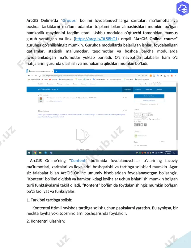 da guruhda yuklangan fayllarni boshqarish imkoniyati beradi. living atlas (dunyoning tirik atlasi) - bu butun dunyo bo'ylab tanlangan, nufuzli va foydalanishga tayyor geografik ma'lumotlar to'plami. bu arcgis online’da joylashtirilgan xaritalar, ilovalar va ma'lumotlar qatlamlarining to'liq to'plami. tirik atlas turli sohalarda, jumladan, taʼlim, tadqiqot va tahlillar boʻyicha foydalanuvchilar uchun qimmatli manba hisoblanadi. arcgis online’dagi living atlas bo'limi geografik ma'lumotlarning boy ombori bo'lib xizmat qiladi va u doimiy ravishda yangi va tegishli kontent bilan yangilanadi. foydalanuvchilar, shu jumladan talabalar, o'qituvchilar va tadqiqotchilar gat loyihalari va tahlillari uchun living atlasda mavjud bo'lgan ko'plab nufuzli va yuqori sifatli ma'lumotlardan foydalanishlari mumkin. interfeys bilan quyidagi rasmda tanishing. (sariq rom ichidagi tugmachalar nima vazifani bajarishiga mustaqil javob izlang). ushbu oynadagi elementlar bilan to’liq tanishib chiqqaningizdan so’ng arcgis tugmasini tanlang va asosiy menyuga qayting. quyidagi rasmda tezkor tugmachalar orqali istalgan mavzudagi xaritalarni yaratish mumkin. arcgis online platformasining to’liq imkoniyatlarini to’liq tushunib olish uchun bitta modul yetarli bo’lmaydi. …
