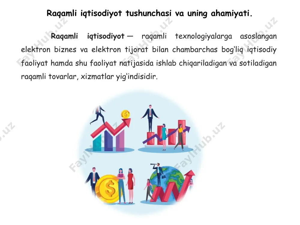 . “raqamli o‘zbekiston - 2030” strategiyasi haqida raqamli kommunikatsiya – raqamli ma’lumotlarni uzatishning va ularga ishlov berishni ta’minlaydigan axborot tarmog‘ining o‘zagi. raqamli iqtisodiyot - raqamli texnologiyalar va kommunikatsiyalar yordamida olib borilayotgan iqtisodiyot. “raqamli o‘zbekiston—2030 strategiyasi” elektron hukumat tizimini takomillashtirish, dasturiy mahsulotlar va axborot texnologiyalarining mahalliy bozorini yanada rivojlantirish; respublikaning barcha hududlarida it-parklarni tashkil etish; yurtimizda raqamli iqtisodiyotni faol rivojlantirish uchun davlat boshqaruvi, ta’lim, sog‘liqni saqlash va qishloq xo‘jaligida zamonaviy axborot-kommunikatsiya texnologiyalarini keng joriy etish bo‘yicha kompleks chora-tadbirlar amalga oshirilmoqda; it sohasini malakali kadrlar bilan ta’minlashni ko‘zda tutuvchi 220 dan ortiq ustuvor loyihalarni amalga oshirish boshlangan;. 40 dan ortiq axborot tizimlari bilan integratsiyalashgan geoportalni ishga tushirish; ijtimoiy sohani raqamlashtirish va keyinchalik ushbu tajribani boshqa hududlarda joriy qilishni nazarda tutuvchi “raqamli toshkent” kompleks dasturi amalga oshirilmoqda. jamoat transporti va kommunal infratuzilmani boshqarishning axborot tizimini yaratish; mamlakatimizda raqamli iqtisodiyotni yanada rivojlantirish uchun, o‘zbekiston respublikasi prezidentining 2020-yil 28-apreldagi «raqamli iqtisodiyot va elektron hukumatni keng …