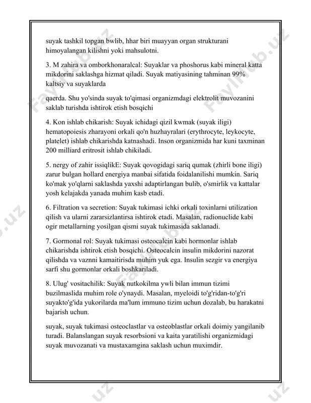 osteoporosis: bu kasallik suyaklarning maritsina yo'qotishiga sabab bo'ladi. unga ko'pincha katta yoshli ayollar xakqgi o'qchi keladi. - arthritis: buginlarning yallig'lanishi bulib, bu twpaloni va ogirliklarni kelib chikadi. inson suyak hilarinimiz tarkibidagi 70% atrophidagi calcium phosphate zhoylagan bwlib, suyakning mustakamligi va quvvatini ta'minlaydi. bu calcium beining kwpligi tufayli suyaklar tanani chakish yoki zarardan himoya kiladi. suyaklarning mustakamligi va soglomligi saklanishi uchun malakalish tarzida ovqatlanish va soglom tirikchilik faoliyati zarur. kaltsiy va vitamin d bokish muhim ahamiyatga ega. hom yurishi, qo'shmcha mashulotlar va sog'lom tirikchilik tarzidagi suyaklarning mustakamligini ta'minlashda yordam beradi. bu saqlash ma'lumotlar tuzilishi va uning asosiy funktsyonalari xakida ko'rib chiqildi. ular inson anatomysining mukhim yordam qismi bwlib, yangi hamda zamonaviy tibbiyot tekhnikasining. 4. остеоцитлар osteotsitlar suyak to'qimasida uchraydigan, juda ko'p spesifik xususiyatlarga ega bo'lgan hujayralar turidir. bu hujayralar osteoblastlardan kelib chiqadi va suyak matritsasining ichida joylashib, asosiy rol o'ynaydi. osteotsitlar suyakning asosiy tashkil etuvchi boʻgʻinidir va ular suyakning mustahkamlash jarayonida, …