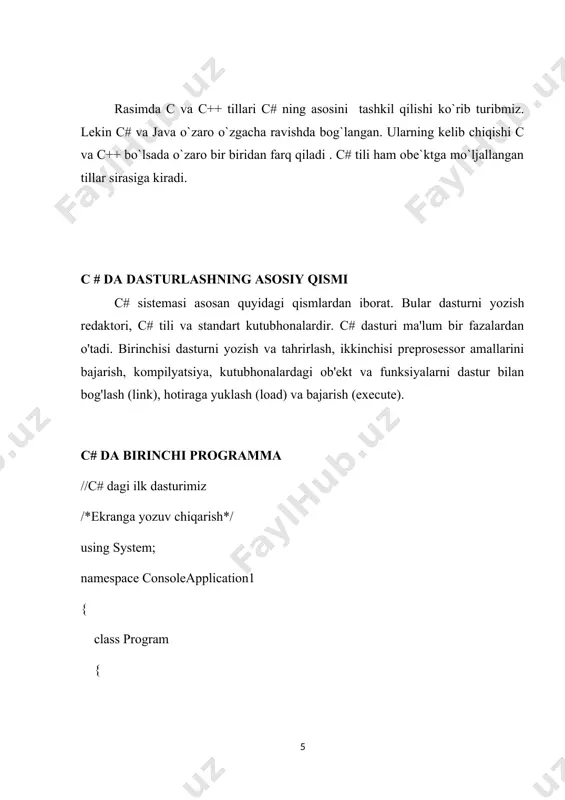 bundan keyin return orqali qaytarilayotgan ifodani qavs ichiga olamiz. misol uchun return (6). bu qavslar majburiy emas, lekin bizlar ularni programmani o'qishda qulaylik uchun kiritamiz. c# da arifmetik amallar ko'p programmalar ijro davomida arifmetik amallarni bajaradi. c# dagi amallar quyidagi jadvalda berilgan. ular ikkita operand bilan ishlatdi. c# dagi amal arifmetik operator algebraik ifoda c# dagi ifodasi qo'shish + h+19 h+19 ayirish - f-u f-u ko'paytirish * sl s*l bo'lish / v/d, vod v/d modul olish % k mod 4 k%4 c# da qavslarning ma'nisi huddi algebradagidekdir. undan tashqari boshqa boshqa algebraik ifodalarning ketma-ketligi ham odatdagidek. ko'paytirish, bo'lish va modul olish operatorlari ijro ko'radi. agar bir necha operator ketma-ket kelsa, ular chapdan o'nga qarab ishlanadi. bu operatorlardan keyin esa qo'shish va ayirish ijro etiladi. mantiqiy solishtirish operatorlari c# bir necha solishtirish operatorlariga ega. algebraik ifoda c# dagi operator c# dagi ifoda algebraik ma'nosi tenglik guruhi = == x==y x tengdir …