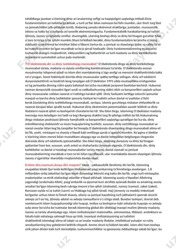 kichik mazhablar mavjud bo'lib, ularning eng kattalari o'n ikki shia, ismoiliy shia va zaydiy shiadir.3. tasavvuf: tasavvuf islomning tasavvufiy jihati bo‘lib, xudoni botiniy izlash va ruhni poklashga urg‘u beradi. so'fiylar zikr (xudoni zikr qilish), tafakkur va ruhiy chekinishlar kabi amallar orqali ilohiy bilan shaxsiy aloqani izlaydilar. so‘fiylik o‘z-o‘zidan alohida mazhab bo‘lmasa-da, u sunniylik va shia islomiga ta’sir ko‘rsatib, o‘ziga xos ruhiy amaliyot va ta’limotlarga ega bo‘lgan turli so‘fiylik tariqatlarini vujudga keltirdi.4. ibodiy islom: ibodiylar islomdagi alohida mazhab bo'lib, asosan ummon, shimoliy afrika va sharqiy afrikaning ba'zi qismlarida joylashgan. ular qur'onning so'zma-so'z matniga sodiqlikni va ilk islom tamoyillariga qat'iy rioya qilishni ta'kidlaydilar. ibodiylar xalifalik, boshqaruv va ularning o'ziga xos huquqiy talqinlariga oid alohida e'tiqodlarga ega.5. ahmadiya islomi: ahmadiya musulmon jamoasi 19-asrda hindistonda paydo boʻlgan mazhabdir. ular muhammad payg'ambar bashorat qilgan va'da qilingan masih va mahdiy kabi mirzo g'ulom ahmadga ishonishadi. bu jamoat o'zining noyob ilohiy da'volari va payg'ambarlikning yakuniyligi haqidagi pozitsiyasi …