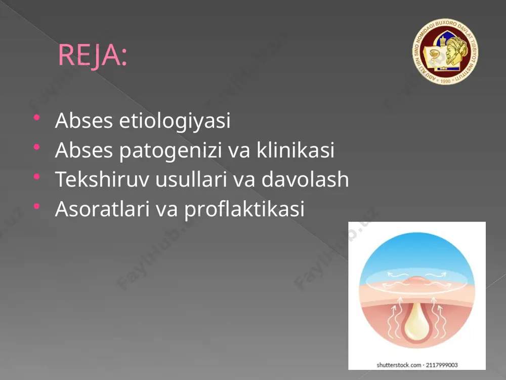 og'riq paydo bo'ladi. keyin asta-sekin shish va qizarish ortib, tungi og'riq yuzaga keladi. madda yig'ilishiga qarab, flyuktuatsiya aniqlanadi, bu muhim simptomdir agar abssess chuqur joylashgan bo'lsa, flyuktuatsiyani aniqlash mushkul. bunday hollarda ultratovush, kompyuter tomografiyasini qo'llash bilan sinov punksiyasi yordamida diagnoz qo'yish mumkin bo'ladi. abssessning keyinchalik avj olishida bemorning umumiy ahvoli sezilarli ravishda og'irlashadi. harorat 39°c gacha ko'tariladi (bemorning ertalab ahvoli yaxshilanib turganida). leykotsitoz 15-20x10 litr ga yetadi, formulaning chapga siljigani ma'lum bo'ladi, echt ko'tariladi. ichki organlarda (jigarda, o'pkada) yoki yirik qon tomirlari bilan yonma-yon joylashgan bo'lsa, abssess ayniqsa xatarlidir. ular qorin yoki ko'krak bo'shlig'ini teshib o'tgan hollarda yiringli peritonit yoki plevrit yuz beradi. jarayon vena devoriga o'tgudek bo'lsa, u holda progressiv tromboflebit avj oladi. differensial diagnozi. abssessni flegmonadan, gidradenitdan, gematomadan, churra tushishidan, anevrizmadan, xavfli o'smadan, shuningdek, sovuq abssess deb ataluvchidan farqlay bilish kerak. sovuq abssess suyaklar va bo'g'imlar sil bilan zararlangan hollarda paydo bo'ladi. sovuq abssessda flyuktuatsiya bo'ladi, ammo o'tkir …