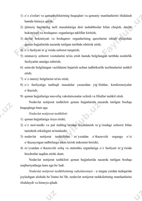 moddiy ehtiyojlarni qondirish uchun o`z manfaatlarining mushtarakligi asosida qonunda belgilangan tartibda birlashgan fuqarolarning ixtiyoriy birlashmasi. jamoat birlashmasi qatnashchilari mazkur birlashmaga mulk qilib bergan mol-mulklariga, shu jumladan a'zolik badallariga bo`lgan huquqlarini saqlab qolmaydilar. ular a'zo sifatida qatnashayotgan jamoat birlashmasining majburiyatlari bo`yicha javob bermaydilar, mazkur birlashma esa o`z a'zolarining majburiyatlari bo`yicha javob bermaydi; b) ijtimoiy (jamoat) fond - jismoniy va (yoki) yuridik shaxslar tomonidan ixtiyoriy mulkiy badallar qo`shish asosida tashkil etilgan, xayriya, ijtimoiy, madaniy, ma'rifiy yoki boshqa ijtimoiy foydali maqsadlarni ko`zlaydigan, a'zoligi bo`lmagan nodavlat notijorat tashkiloti. jamoat fondiga uning muassislari (muassisi) yoki vasiyat qiluvchi tomonidan o`tkazilgan mol-mulk fondning mulkidir. fond muassislari (muassisi) yoki fond vasiyatnoma bo`yicha tashkil etilganida vasiyatnomani ijro etuvchi fondning majburiyatlari bo`yicha javob bermaydi, fond esa muassislarning (muassisning) yoki vasiyatnomani ijro etuvchining majburiyatlari bo`yicha javob bermaydi; c) muassasa - ijtimoiy, madaniy va boshqa notijorat tusdagi vazifalarni amalga oshirish uchun jismoniy va (yoki) yuridik shaxslar tomonidan tuzilgan nodavlat notijorat tashkiloti; d) …