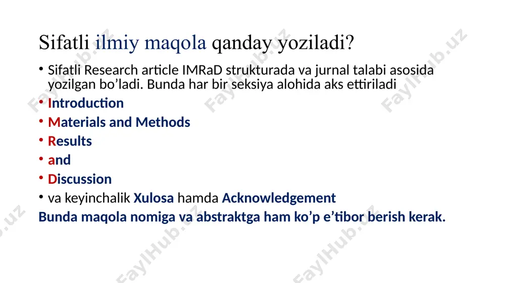 ilar aks ettirilmaydi: juda ham keng ma’nodagi umumiy ma’lumot (“oqsillar biologik faol birikmalardir”) ortiqcha iboralar, ortiqcha sifat va ravishlar va takroriy ma'lumotlar, boshqa adabiyotlarga ishora qilish (“oldingi tadqiqotlar shuni ko'rsatadiki ...“ yoki "tadqiqotlar shuni ko'rsatadiki ...“ ko’rinishidagi), tugallanmagan jumlalar, jargon yoki o'quvchini chalg’ituvchi iboralar, boshqa ishlarga havolalar (smith et al. 2010 kabi) abstraktlarda jadval yoki rasmlardan foydalansa bo’ladimi? har qanday jurnal abstraktlarda jadval ma’lumotlarini aks ettirmaydi. odatda rasm ko’rinishidagi ma’lumotlar abstraktlarda aks ettirilmaydi. ba’zi jurnallar so’nggi yillarda o’quvchilarni qiziqtirish uchun alohida, abstract uchun maxsus bo’lgan ishning asosiy mohiyatini yoki ilmiy yangiligini aks ettiruvchi rasm ma’lumotlarini talab qilmoqda. misol uchun ushbu rasmdagi kabi. abstraktlar barcha jurnallarda bir xil ko’rinishda bo’ladimi? yo’q. har bir jurnal butun maqolaga bo’lgani kabi abstraktga ham o’zining talablarini ishlab chiqqan. odatda bu instruction for authors nomi bilan alohida seksiya sifatida beriladi. ba’zi jurnallarda abstrakt qismi background: materials and methods: results: conclusion: kabi bandlardan iborat bo’lishi ham mumkin …