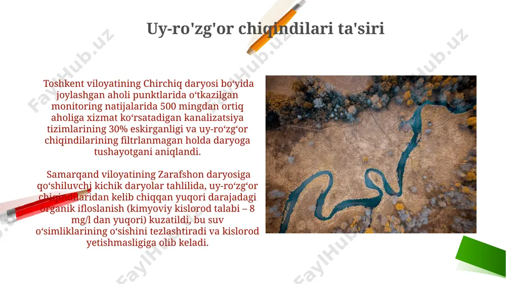 resurslarini taqsimlash boʻyicha hamkorlikni kuchaytiradi. markaziy osiyo davlatlari oʻrtasida amudaryo va sirdaryo havzalari boʻyicha 20 dan ortiq qoʻshma loyihalar amalga oshirilmoqda, bu suv resurslarini samarali boshqarishga va atrof-muhitni muhofaza qilishga qaratilgan. kelajakdagi istiqbollar qoraqalpogʻiston respublikasida 10 ta yangi suv tozalash inshootlarini qurish orqali 2025 yilga kelib 300 ming aholiga toza ichimlik suvi bilan taʼminlash maqsadi qoʻyilgan. oʻzbekistonning amudaryo va sirdaryo havzalari boʻyicha 2030-yilga kelib 5 milliard kub metrgacha suv tejamkor texnologiyalarni qoʻllash orqali qoʻshimcha suv resurslarini taʼminlash rejalashtirilgan. qishloq xo'jaligi chiqindilari ta'siri buxoro viloyatidagi paxta dalalaridan oqib o'tadigan suvlarning 30% dan ortig'i pestisidlar bilan ifloslangan, bu esa amudaryo ekologik tizimiga jiddiy tahdid soladi va baliq populatsiyasining 15% kamayishiga olib kelgan. qishloq xo'jaligida ishlatiladigan 200 dan ortiq tonna mineral o'g'itlar samarqand viloyatining zarafshon daryosining ifloslanishiga sezilarli ta'sir ko'rsatmoqda, suvning eutrofikatsiyasi darajasini oshirib, biologik xilma-xillikni kamaytiradi. suvning ifloslanish manbalari sirdaryo bo‘ylab joylashgan 15 ta yirik shaharning kanalizatsiya tizimlarining 70% eskirganligi va tozalash …