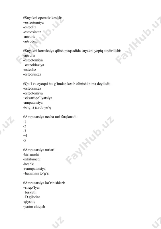 shiga kiradi: +anatomik bo`yinchaning sinishi -do`mboqlararo sinish -xirurgik bo`yinchaning sinishi -anatomik bo`yinchaning sinishi va do`mboqchaning sinish -yelka suyagi bo`yinchasi va boshchaning sinishi #bilak suyagining distal epimetafizi sinishi hisoblanadi: -tirsak suyagi boshchasining uzilishi -atipik -bilak suyagining qiyshiq sinishi -bilak suyagi boshchasining chiqishi +tipik #quyidagilarning qaysi biri ekstenzion sinishga kiradi: +kolles sinishi -smit sinishi -bennet sinishi -roland sinishi -kolles sinishi va smit sinishi #quyidagilarning qaysi biri fleksion sinishga kiradi: -kolles sinishi +smitt sinishi -bennet sinishi -roland sinishi -kolles sinishi va smit sinishi #yangi tug`ilgan bolalar son suyagi boshchasida suyak yadrosi qachon paydo bo`ladi: -2 oy -3oy +4 oy -5 oy -6 oy #yelka oldinga chiqqanda to`g`irlash metodi: -ilizarov bo`yicha +koxer bo`yicha -smit bo`yicha -kaplan bo`yicha -yumashev bo`yicha #oyoq kaft suyaklari singanda skelet tortish moslamasi turi: -sivash bo`yicha +cherkes zade bo`yicha -bagdanov bo`yicha -pirogov bo`yicha -roziqov bo`yicha #menisk jarohatlanganda harakterli simptom: +chaklin -babinskiy -klavish -kamarov -lozinskiy #t va v simon sinish son suyagining …