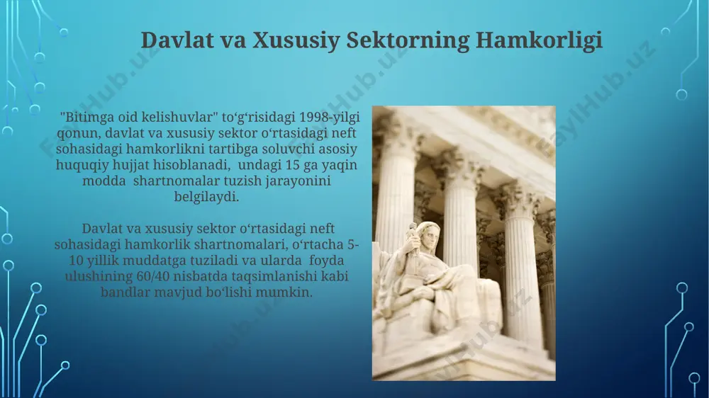 dalanish va ularni muhofaza qilishni 18-moddada kafolatlaydi. milliy boylik hisoblangan neft va gaz konlariga egalik qilish huquqi o'zbekiston respublikasiga tegishli bo'lib, bu konstitutsiyaning 13-moddasida aks ettirilgan. atrof-muhitni muhofaza qilish va neft ishlab chiqarish davlat tomonidan neft sanoati uchun ajratilgan 20% dan ortiq byudjet mablag'lari atrof-muhitni muhofaza qilish va zararni bartaraf etishga yo'naltiriladi, shu jumladan neft chiqindilarini qayta ishlash va utilizatsiya qilishga. neft konlarini ishlab chiqarishda 100 dan ortiq ekologik me'yorlarga rioya qilish talab etiladi, bu esa "atrof-muhitni muhofaza qilish to'g'risida"gi qonun bilan tartibga solinadi va 500.000 dan ortiq jarima bilan jazolanadi. muqobil energiya manbalari va konstitutsiya konstitutsiya, energiya xavfsizligini ta'minlash maqsadida, muqobil energiya manbalarini rivojlantirishga, shu jumladan quyosh, shamol va gidroenergiya kabi manbalarga, davlat tomonidan qo'llab-quvvatlashni kafolatlaydi. davlat byudjetidan muqobil energiya manbalarini rivojlantirishga ajratilgan mablag'larning kamida 15% ekologik toza texnologiyalarni joriy etishga yo'naltirilishini konstitutsiya nazarda tutadi. neftdan olingan daromadlarning taqsimoti davlatning neft va gaz sohasidagi ulushi kamida 51% ni tashkil …