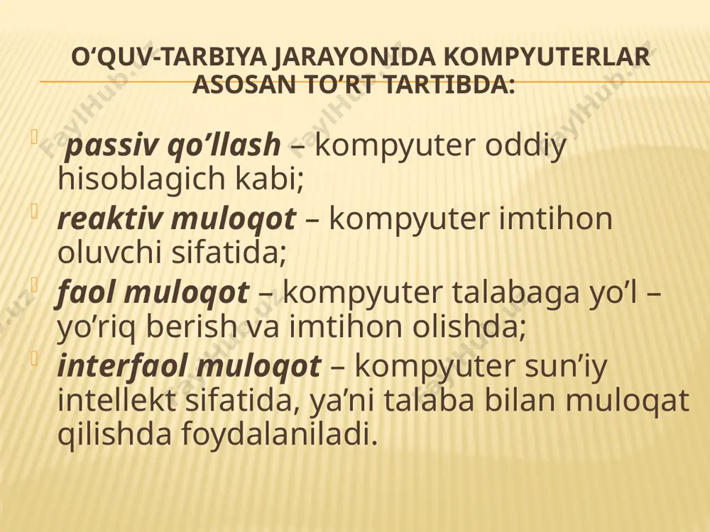 ntirish), xotira, tasavvuri, yoshi va individual psixologik xususiyatlarini hisobga olish (egallagan bilim, ko’nikma va malakalarini hisobga olib, o’quv fani mazmuni hamda o’quv masalalari murakkablik darajasi o’quvchilarning yosh imkoniyatlari va individual xususiyatlariga mos kelishi, o’quv materialini o’zlashtirishda ortiqcha his’hayajonli, asabiy, aqliy yuklamalardan ta’sirlanishdan himoyalash) kiradi. texnik talablarga zamonaviy universal shaxsiy kompyuterlar, tashqi qurilmalari, test o’tkaziladigan manbalar kiradi. tarmoq talablariga «mijoz-server» arxitekturasi, internet-navigatorlar, tarmoq operasion tizimlari, telekommunikasiya, boshqaruv vositalari (o’qitish jarayonini individual va jamoaviy ishlari, tashqi qayta aloqa) kiradi. estetik talablarga quyidagilar kiradi: tartiblilik va ifodalilik (elementlari, joylashishi, o’lchami, rangi), bezashning funksional vazifasi va ergonomik talablarga mosligi. maxsus talablarga quyidagilar kiradi: interfaollik, maqsadga yo’nalganlik, mustaqillik va moslashuvchanlik, audiolashtirish, ko’rgazmalilik, kirish nazorati, intellektual rivojlanish, differensiasiyalash(tabaqalashtirish), kreativlik, ochiqlik, qayta aloqa, funksionalilik, ishonchlilik. ergonomik talablarga quyidagilar kiradi: do’stonalik, foydalanuvchiga moslashish, ekran shakllarini tashkil etish fanlardan yaratiladigan pedagogik dasturiy vositalar quyidagi metodik talablarga javob berishi kerak: pedagogik dasturiy vositalar – o’quv materialini taqdim etishning tushunchali, obrazli …