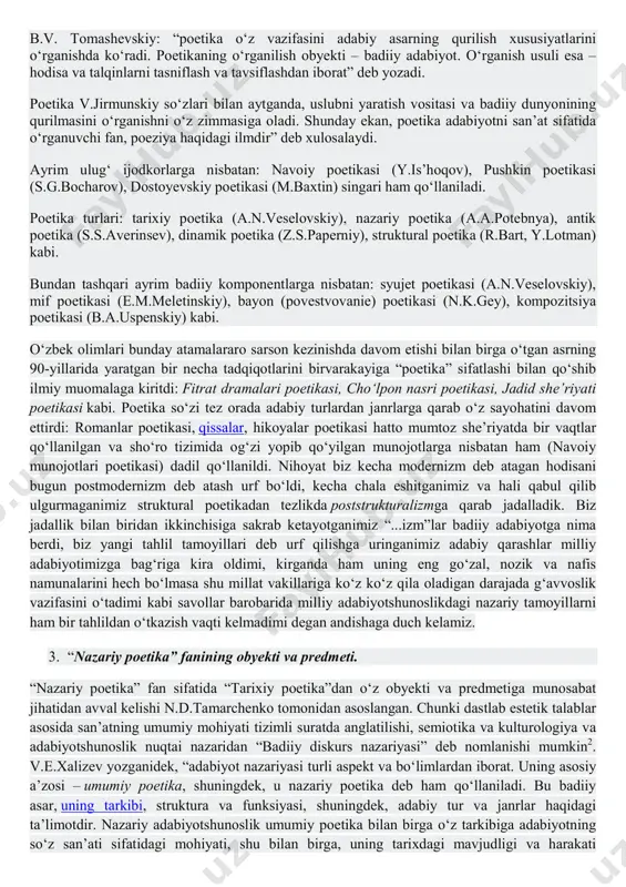 holda badiiy asar zamiriga ijtimoiy mazmunni yuklagan sotsial tanqid, ikkinchi tomondan, san’atga badiiy usullar yigʻindisi sifatida qarashni asoslayotgan formal maktab vakillarining ishlari. sir emaski, xx asrning boshlarida rossiyada sotsial tanqidning sotsrealizm asosiga qoʻyishi munosabati bilan 20-yillarning oʻzidayoq formal maktab vakillarining qarashlari keskin tanqidga uchradi. bir paytlar bu qarashlarga yaqinlashgan v.m.jirmunskiy ham formal maktabning asosiga qoʻyilgan “san’at badiiy usul sifatida” ekanini “ichdan tanqid etib”, uning asosiga poetika va uslub masalasini qoʻydi. bu bilan formal maktab vakillari qarashlaridan keskin uzoqlashib ketmagan boʻlsa-da, “formalizm”ni ilmiy tizim sifatida qabul qila olmadi. san’atning mohiyatini aniqlashda “usul” (“приём”) istilohi v.jirmunskiy nazarida aniq va toʻliq emas, shuning uchun ham oʻz qarashlari asosiga “usullar majmui” sifatida ijodkor yoki badiiy matn uslubini qoʻydiki, tadqiqotchi fikricha, ayni uslub turli xil usullarni bir qonuniyat asosida birlashtiradi va kitobxon koʻz oʻngida badiiy asarning yaxlitligini ta’minlaydi. uslub, v.jirmunskiyning belgilashicha, muallifning dunyoqarashi va borliqni idrok etish xususiyatlarini badiiy asarga koʻchiradi. badiiy asar esa ijtimoiy …