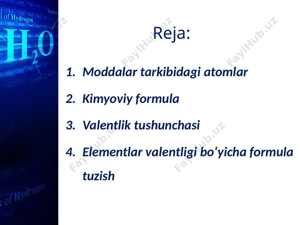 tmasi ikkinchi element valentligining atomlari soni ko‘paytmasiga teng, ya’ni: mx=nx. elementlar valentligi bo‘yicha formula tuzish. agar biz elementlar valentligini bilsak, binar birikma formulasini tuza olamiz. masalan, binar birikma kislorod va fosfordan iborat. binar birikma formulasi formulalarning grafik tasviri moddalar formulasini grafik tarzda tasvirlash mumkin. grafik tasvirlarda har bir valentlik chiziqcha bilan ifodalanadi. image2.jpeg image3.jpeg image4.jpeg image5.jpeg image6.png image7.gif image8.png image9.png image10.png image11.jpeg image12.jpeg image13.jpeg image14.jpeg image15.jpeg image16.jpeg image17.jpeg image18.png image19.png image20.jpeg image21.jpeg image22.jpeg image23.jpeg image24.png image1.jpeg /docprops/thumbnail.jpeg