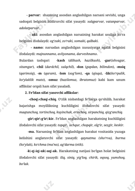 zlar asosida sodir bo‘ladi: a) otning sifatga ko‘chishi orqali: tilla bola, asal qiz, oltin davr, kumush qish; b) fe’lning sifatdosh shakllarining sifatga ko‘chishi orqali: kelishgan yigit, turar joy, oqar suv, kelasi yil, o‘tgan zamon; g) ravishning sifatga ko‘chishi orqali: o‘zbekcha kitob, oqilona maslahat, tez odam. bundan tashqari so‘zlarning ma’no o‘zgarishi natijasida sifatga ko‘chish hollari juft va takror qo‘llanishi asosida ham yuz beradi: oldi-qochdi gap, tolim-tolim yoki tol-tol soch, yo‘l-yo‘l ko‘ylak. adabiyotlar 1. м.мирзаев, с.усмонов, и.расулов узбек тили. т., «укитувчи» 1978. 2. ш. шоабдурахмонов, м.аскарова, а.хожиев, и.расулов, , х.дониёров хозирги њзбек адабий тили. т., «укитувчи» 1980. 3. м.ирскулов тилшуносликка кириш. т., «укитувчи» 1992. 4. а.баскаков, а. содиков, а.абдуазизов умумий тилшунослик. т., «укитувчи» 1981. 5. х.неъматов, о.бозоров тил ва нутк. т., «укитувчи» 1993. 6. у.турсунов, ж.мухторов, ш.рахматуллаев хозирги њзбек адабий тили.. 1-кисм. т., «укитувчи» 1979. 7. n. turniyozov a.rahimov o‘zbek tili (ma’ruzalar matni) 8. www.ziyonet.uz
