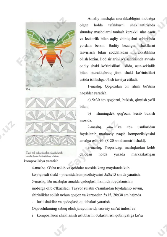 ating, kompozitsiya qismlarini muvozanallik va umumiylikka erishish uchun e'tiborni qarating. 3. qomatlarni tus va asosiy rang dog'lari bilan ilk bor boyab chiqing. 4. jarayonlarni clavom cttirib, tus va ranglar o'rtasidagi munosabatlarni aniqlang. 5. qismlar ustida ishlash. ularni umumlashlirish va tugatish, ishtirokchi inson qomatlari o'rtasidagi bog'liqni va xarakatlarni berishga urinib ko'ring.