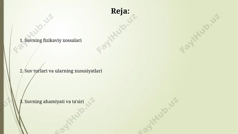 aydi. suvning sirt tarangligi 72,8 mn/m (20°c da) boʻlib, bu uning kapillyar hodisalarida muhim rol oʻynashini va masalan, oʻsimliklarning suvni ildizlaridan barglarigacha koʻtarishini taʼminlaydi. suvning umumiy tavsifi oʻrta osiyo mamlakatlari, jumladan, oʻzbekiston, suv resurslarining cheklanganligi bilan kurashmoqda, chunki mintaqaning yillik oʻrtacha yogʻin miqdori 100-200 mm atrofida boʻlib, suv taqchilligi muammosiga olib keladi. suvning 71% yer yuzasini qoplaganligi va dunyo okeanlarida taxminan 96,5% suv zahirasining to'planganligi, qolgan 2,5% esa muzliklar va yer osti suvlarida joylashganligini bilish muhim. yomg'ir suvlari toshkent shahriga tushadigan yomg'ir suvlarining taxminan 15%i kanalizatsiya tizimiga tushib ketadi, qolgan 85%i esa yerga singib, yer osti suvlarini boyitadi yoki suv-to'qnashuvlarga olib keladi. yomg'ir suvlari, o'rtacha yillik yog'in miqdori 500 mm dan ortiq bo'lgan farg'ona vodiysining tog'li hududlarida, yer osti suvlarini to'ldirishda muhim rol o'ynaydi va bu yerda o'simliklarning 30% dan ortig'i yomg'ir suvlari bilan oziqlanadi. e'tiboringiz uchun rahmat @taqdimot_robot image1.jpg image2.jpg image3.jpg image4.jpg image5.jpg image6.jpg image7.jpg