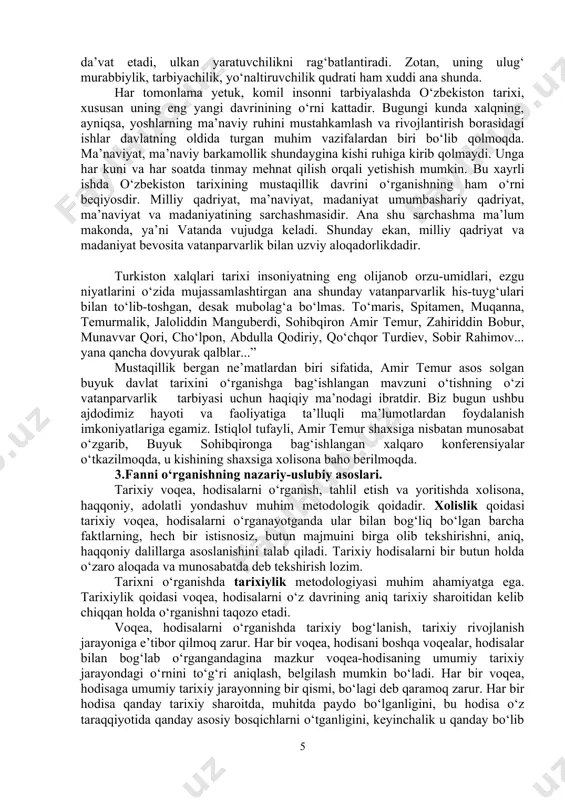 , o‘tish davrining ob’ektiv ehtiyoji hamda milliy davlatchilik asoslarini mustahkamlashga qaratilgan kuchli davlatdan – kuchli fuqarolik jamiyatiga boqichma-bosqich o‘tish vazifasi qo‘yildi. natijada, mamlakatning siyosiy va iqtisodiy hayotida demokratlashtirish va liberallashtirish jarayonlari chuqurlashdi, inson haq-huquqlari va erkinliklarini himoya qiluvchi mustaqil sud tizimi mustahkamlandi, fuqarolik jamiyati asoslari rivojlandi, fuqarolarning iqtisodiy va siyosiy faolligi ortib bordi. 2017 yildan boshlab yangi, to‘rtinchi bosqichga qadam qo‘ydik. ushbu bosqich demokratik islohotlar va mamlakatni modernizatsiyalash jarayonini yanada chuqurlashtirish bosqichi hisoblanadi. o‘zbekistonda olib borilayotgan islohotlar samarasini yanada oshirish, davlat va jamiyatning har tomonlama va jadal rivojlanishi uchun shart-sharoitlar yaratish, mamlakatimizni modernizatsiya qilish hamda hayotning barcha sohalarini liberallashtirish bo‘yicha ustuvor yo‘nalishlarni amalga oshirish maqsadida o‘zbekiston respublikasi prezidenti sh.mirziyoev tomonidan olib borilayotgan izchil islohotlar, qabul qilingan harakatlar strategiyasi va boshqa davlat dasturlarini amalga oshirish borasida olib borilayotgan chuqur islohotlar natijalarini o‘rganishga qaratilgan. ushbu bosqich davlat hokimiyati va boshqaruvini yanada demokratlashtirish, xalq davlat uchun emas, davlat idoralari xalq uchun xizmat qilishi …