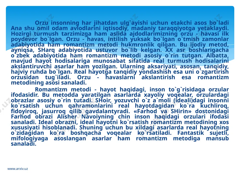 ning yashаshi uchun imkоn bеrishini аytаdi... biz o`zgаgа ro`bаru turib, o`zimizni аnglаymiz vа аyni pаytdа, o`zgа ham biz uchun xuddi o`zimizdаy ishоnchli bo`ladi... www.arxiv.uz hayotni badiiy aks ettirish tamoyillari 30-40-yillar adabiyotshunosldigida "metod" deb yuritilib, unga ko`ra badiiy adabiyotda ikkita - realistik va norealistik ijodiy metodlar mavjud deb sanalgan. keyinroq metod atamasi ostida badiiy asarning g`oyaviy mazmuni bilan bog`liq bo`lgan hayot materialini tanlash, badiiy idrok etish va baholash prinsiplari tushunila boshlangan. ya`ni, metod endi badiiy tafakkur tarzi sanalib, u badiiy adabiyot e`tiborini voqelikning u yoki bu qirralariga qaratishi, tipiklashtirishi va baholashida namoyon bo`luvchi hodisa sanalgan. anglashiladiki, atamadagi keyingi ma`no ko`chishi adabiyotning mafkura quroliga aylanishini ilmiy asoslash jarayonida sodir bo`lgan bo`lgandir. hayotni badiiy aks ettirish prinsiplari. www.arxiv.uz shunday bo`lsa-da, atamaning keyingi ma`noda qo`llanishi badiiy ijoddagi ikki muhim unsur - metod va uslubni alohida kategoriyalar sifatida tushunish va tushuntirish imkonini berishi bilan ahamiyatlidir. badiiy tafakkur tarzini anglatuvchi metod gnoseologik (ya`ni, badiiy bilish bilan …