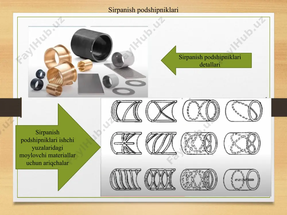normal sinfga mansub bo‘ladi. aniqlik sinfi oshishi bilan podshipnikni tannarxi ham oshadi podshipniklarning hamma turlari standartlashtirilgan bo‘lib, gost 3189-75 bo‘yicha sonlar va harf bilan shartli belgilanadi. o‘ng tomondagi ikki raqam podshipnikning ichki diametrini aniqlaydi (podshipnik o‘rnatiladigan valning diametri): - agar d = (20(495) mm bo‘lsa, u holda bu ikki raqamni 5 ga ko‘paytirilsa, d diametrning qiymatini beradi. - agar d < 20 mm bo‘lsa, u holda oxirigi ikki raqam bilan diametr d orasidagi bog‘lanish jadvalda ko‘rsatilgandek bo‘ladi. oxirigi ikki raqam 00 01 02 03 ichki diametr d mm 10 12 15 17 o‘zgaruvchan kuchlanish ta’sirida kontaktdagi yuzalar toliqadi va yemirilishiga asosiy sabab bo‘ladi. xozirda dumalash podshipniklari mustahkamlikka hisoblash ikki usulga asoslangan: - qoldiq deformatsiya bo‘lmasligi uchun statik yuk ko‘taruvchanlik bo‘yicha; -toliqishdan yemirilish bo‘lmasligi uchun, dinamik yuk ko‘taruv-chanlik bo‘yicha. amalda mashinalarni loyihalashda dumalash podshipnik hisoblanmaydi, balki tayanchga ta’sir etuvchi kuch, val sapfasining diametriga bog‘liq holda va boshqa zarur omillarni e’tiborga olish …