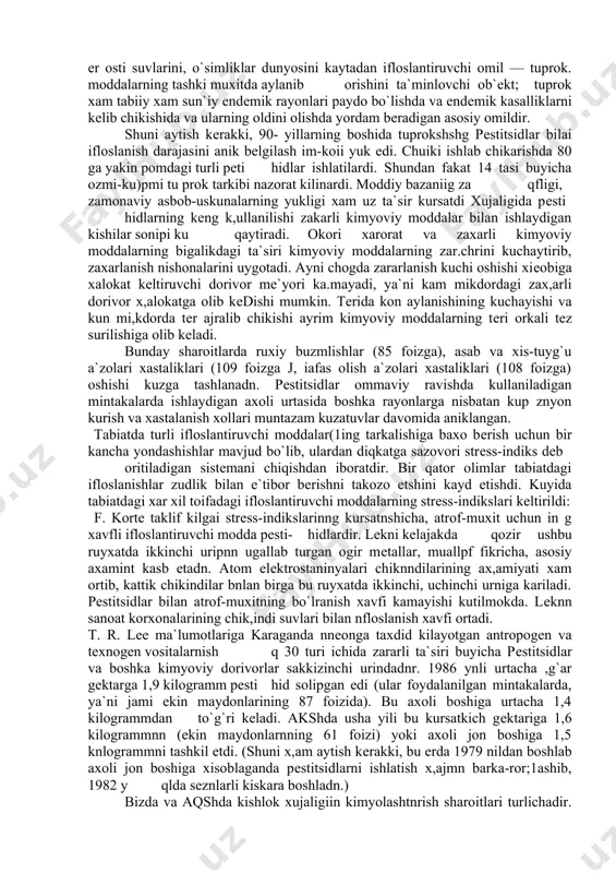 i. ammo tuproqda xamma narsalar, jumladan, pеstitsidlar, minеral ug`itlar, o`simlik ustiruvchi stimulyatorlar, yuzasi aktiv moddalar, politsiklik aromatik karbonsuvlar, sanoat korxona chikindilari, xo`jalik chikindi. kuvurlari, transport tashlandiqlari va boshqalar tashlanadi. shu gufayli, tuproqning sanitariya xolati uzgaradi. tuproq, orkali epidеrmik va epidеmik kasalliklar tarkalishi mumkin. bunday tuprok, odamlarning sog`ligiga putur еtkazishi anik,. chunki ifloslangan tuproklardan zararli kimyoviy moddalar, biologik iflosliklar ochik va еr osti suvlarini, atmosfеra qobig`ini, o`simliklarni, qolavеrsa kishi organizmini zararlanishi mumkin. by kuyidagi zanjir buyicha ifodalanadi: t uprok va o dam; tuproq va ysimlik va odam; tuprok va su v balik, va odam ; shuning uchun xam tuprok va iflosliklarni tushishidan muxofaza qilish xammaning ishi va burchi. yuqoridagilardan quyidagi xulosa chiqadi tuprokni turli kattik va suyuq chiqindilarni tabiiy yul bilan zararsiz xolatga kеltirishning axamiyati katta; yuqumli va yukumsiz kasalliklarni tarkatuvchi tugrik atmosfеra xavosini ochik va еr osti suvlarini, o`simliklar dunyosini kaytadan ifloslantiruvchi omil — tuprok. moddalarning tashki muxitda aylanib orishini …