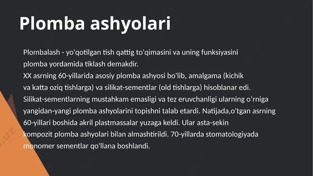 i mustahkamligi; ﻿﻿og'iz bo' shlig’ida kondensatsiyalash imkoniyatini beradi (margimushli malham ustiga, ochiq pulpa ustiga va suyug dori moddalarini izolatsiya qilib bo'imaydi). sun'iy dentinning xususiyatlari: qo'llanishdagi oddiylik; bo'shliqni yaxshi yopishi (germetikligi); organizm va tish pulpasiga indifferentligi; - mexanik ta'sirga mustahkam emasligi (2-3 kundan ortiq bardosh bermasligi). sun'iy dentin bo'shliqqa bir to'liq porsiya shaklida gladilka yordamida kiritilib, paxta yordamida zichlashtiriladi sun’iy dentin sun'iy dentin (sink sulfat tsement, suvli dentin) kukun / suyuqlik tizimidir. sun'iy dentin kukuni 66% rux oksidi, 24% rux sulfat, 10% kaolindan iborat. suyuqlik sifatida distillangan suv ishlatiladi. ushbu materialning xususiyatlari: foydalanish uchun qulay; bo'shliqni yaxshi yopishadi; pulpa, dorivor moddalar, tanaga nisbatan indeferentligi; qo’yish va olib tashlash qulayligi; arzonligi. sink-oksid evgenol sink-oksid evgenol malhami chaynov bosimiga bardoshli. bu plomba ashyosi sut tishlarini plombalashda foydalaniladi. evgenol kompozit ashyolarining adgeziya va polimerizatsiya jarayonlarini buzadi. shuning uchun hozirda evgenol o' rnini bosadigan ashyolar, ya'ni polimetil metakrilatli plomba ashyolari ishlab chiqarilmoqda. bunday plomba ashyolar …