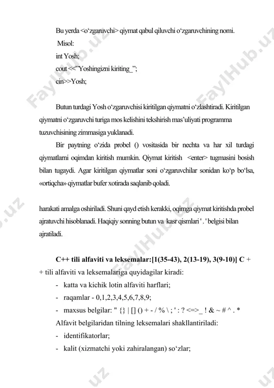 sr, ebp, _fs, __gs, _di, _edi, _si, _esi, __bp, sp, ds, _es, ss, _flags. bulardan tashqari «_» (ikkita tag chiziq) belgilaridan boshlangan identifikatorlar kutubxonalar uchun zahiralangan. shu sababli '_' va «_» belgilarni identifikatorning birinchi belgisi sifatida ishlatmagan maqul. identifikator belgilar orasida probel ishlatish mumkin emas, zarur bo‘lganda uning o‘rniga '_' ishlatish mumkin: silindr_radiusi, aylana_diametri. adabiyotlar 1. харви дейтел, пол дейтел. как программировать на с++. м-2001, 1037c 2. джефф элджер. библиотека программиста с++. м-2004, 300 с. 3. madraximov sh. f., gaynazarov s. m. “c++ tilida programmalash asoslari” toshkent-2009.-183 bet. 4. елена кондратюк. трюки и эффекты с++. москва – санкт – петербург -…-2006. 400 с. 5. учебник по языку с++ в задачах и примерах. электронный учебник. 6. www.ziyonet.uz
