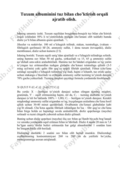 tuxum albuminini tuz bilan cho’ktirish orqali ajratib olish. — DOC