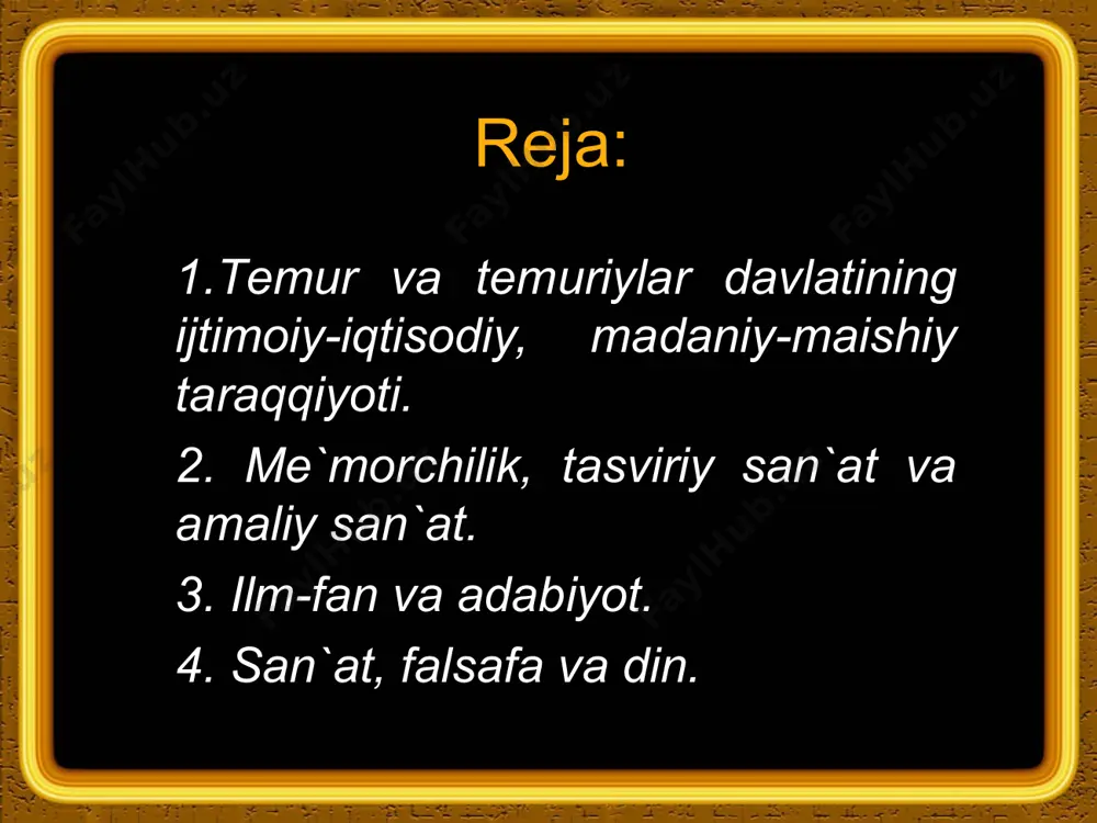 ini, ma`naviy va moddiy madaniyati jihatdan farqlanuvchi mamlakatlarning o`zaro aloqasini rivojlantirishga imkon yaratdi. karvon yo`llari savdo, diplomatik aloqalarning amaliy vazifasini, ayni vaqtda mamlakat va xalqlarning o`zaro iqtisodiy va madaniy ta`sirini mustahkamlashga xizmat qildi. qudratimizni ko`rmoq istasang- binolarimizga boq o`rta osiyo zaminida temuriylar davri ilm-fan, adabiyot, san`at sohlarida kamolot bosqichiga ko`tarildi. тemuriylar davlatining qudrati ayniqsa me`morchilikda namoyon bo`ldi. oqsaroy peshtoqida bitilgan «qudratimizni ko`rmoq istasang- binolarimizga boq!» degan yozuv тemur davlatining siyosiy vazifasini ham anglatar edi. тemur davrida movarounnahr shaharlari qurilishida istehkomlar, shoh ko`chalar, me`moriy majmualar keng ko`lam kasb etadi. ilk o`rta asrlardagi shaharning asosiy qismi bo`lgan «shahriston»dan ko`lam va mazmuni bilan farq qiluvchi «hisor» qurilishini samarqand va shahrisabzda kuzatish mumkin. тemur davrida kesh shahar qurilishi yakunlandi. «hisor»ning janubi-g`arbida hukumat saroyi oqsaroy va atrofida rabotlar, bog`-rog`lar qurildi тemur saltanat poytaxti samarqandni bezatishga alohida e`tibor berdi. shaharda «hisori», qal`a, ulug`vor inshoatlar va tillakor saroylar bunyod ettirdi. samarqandga kiraverishdagi ko`hak tepaligida cho`pon ota maqbarasi …