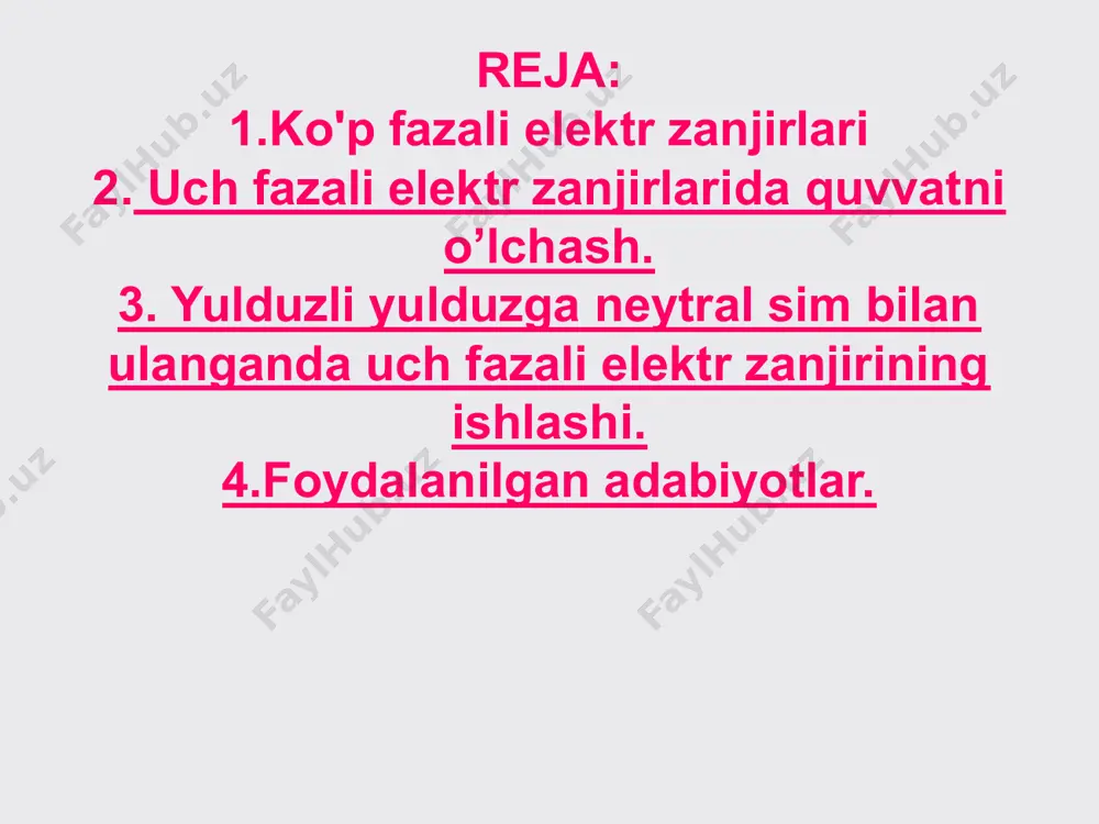 хфазные цепи neytral simdagi oqim nolga teng bo'lganligi sababli, zanjirdagi oqim taqsimotini buzmasdan, generatorning neytral nuqtalarini va yukni o'tkazgich bilan ulash mumkin. bunday holda, uch fazali sxema 3 ta mustaqil sxemaga bo'linadi va hisoblash bir faza uchun amalga oshirilishi mumkin. uch fazali zanjirlar e a z i a трехфазные цепи 2003 yil e a e b u a ub _ uc _ o o 1 i a i b i c z z z men 0 e c трехфазные цепи nosimmetrik rejimda murakkab uch fazali elektr davrini hisoblash. hisoblash tartibi barcha delta yuklarini ekvivalent yulduzlarga aylantiring ; konversiyadan so'ng biz yulduz-yulduzli ulanishlar bilan nosimmetrik elektr zanjirini olganimizni hisobga olsak, biz generatorning neytral nuqtalarini neytral sim bilan bog'laymiz va yuklaymiz. 2. olingan elektr zanjiridan b va c fazalariga tegishli elementlarni aqliy ravishda olib tashlang. 3. olingan sxemani hisoblab, biz barcha oqim va kuchlanishlarni aniqlaymiz. трехфазные цепи 2003 yil e a e …
