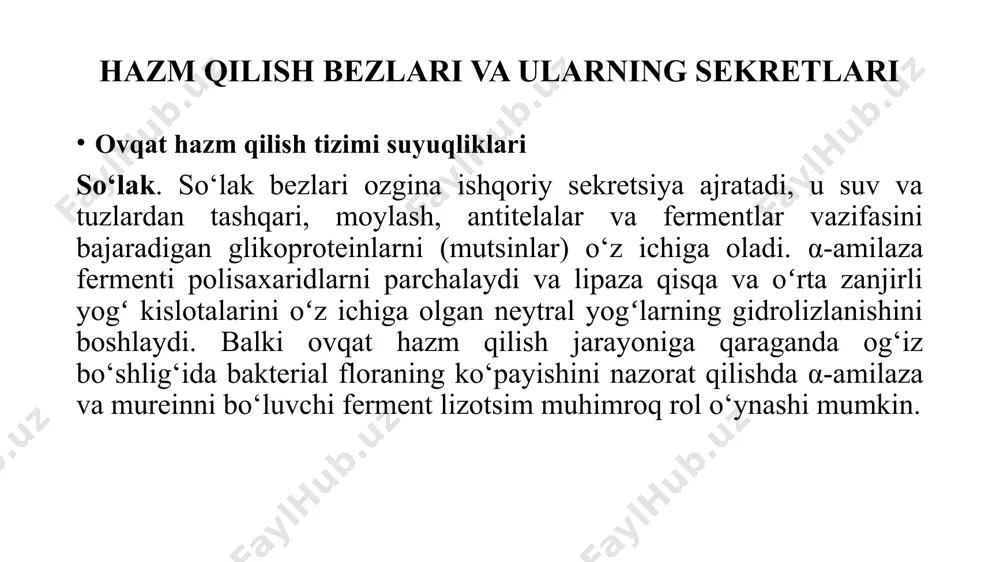 ubstratlari, triatsilgliserinlar, ichak bo‘shlig‘idagi suvli muhitdagi fermentlarning ta’siriga deyarli erishib bo‘lmaydi, chunki ular gidrofobik o‘zaro ta’sirlar tufayli katta tomchilarga to‘planadi. safroning amfifil komponentlari (safro kislotalari va ularning tuzlari, shuningdek, fosfolipidlar) yog‘larni parchalashga yordam beradi, katta tomchilarni ancha katta sirt maydoniga ega bo‘lgan kichik emulsiyaga aylantiradi. yordamchi protein kolipaz yordamida safro tuzlari triatsilgliserin lipazaning emulsifikatsiyalangan lipidlar bilan bog‘lanishiga, shuningdek ularning faollashishiga vositachilik qiladi. jarayon fermentning c-terminal domenidagi konformatsion o‘zgarishi bilan boshlanadi, bu esa faol markazning ochilishiga olib keladi. lipidlarning so‘rilishi va sintezi pankreatik lipaza [1] yog‘lardagi (triatsilgliserinlar) efir bog‘larini, birinchi navbatda, glitserin qoldig‘idagi 1 va 3-pozitsiyalarda ajratadi. natijada yog‘ kislotalari va 2-monoglitseridlar hosil bo‘lib, ular boshqa oziq-ovqat lipidlari (lizoletsitinlar, xolesterin, yog‘da eriydigan vitaminlar) bilan birga mitsellalarda aylanadi. keyinchalik bu lipidlar ichak epiteliy hujayralarining misellari va mikrovorsinkalari orasidagi aloqa zonasida, diffuziya orqali so‘riladi. qisqa va o‘rta zanjirli yog‘ kislotalari (c4-c10) ko‘proq gidrolizlanadi va mitsellalar yordamisiz so‘rilishi mumkin. triatsilglitserollarning to‘liq gidrolizlanishi natijasida ma’lum …
