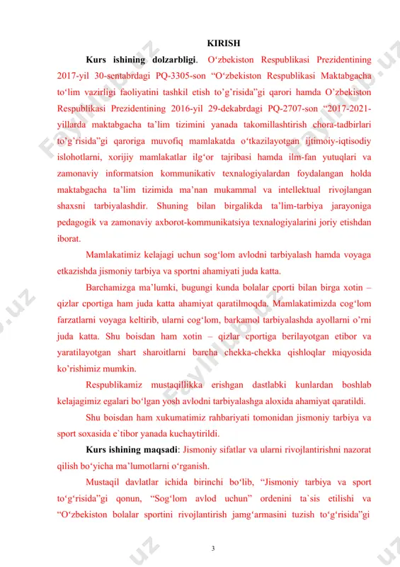 izmining shu sifatlarini qanday namoyon qila olishiga qarab individga kuchli, chaqqon, tezkor va h.k. deb baho berganlar. bu sifatlar oʻlchovga ega, uning koʻrsatkichlari jismoniy tayyorgarlik koʻrsatkichlari deb ataladi va koʻrsatkichlar orqali individning ijodiy mehnatga va vatan mudofaasiga tayyorligi aniqlanadi. masalan, individ 100 kg ogʻirlikdagi shtangani elkaga olib faqat 3 marotaba oʻtirib tura olsa, boshqasi shu vazn bilan 5 marotabadan ortiq oʻtirib tura olishi mumkin. shu mashqni ikki marta ortiq bajarganligi uchun ikkinchi oʻrtoqning kuch sifati rivojlangan deb baholanadi. bu sifat organizmning suyak, muskul va boshqa a’zolarining toʻqimalari, hujayralari va hokazolarning rivojlanganligigagina bogʻliq boʻlmay, ma`naviy-ruhiy fazilatlariga ham bogʻliq. shuning uchun harakat sifatlarini tarbiyalash ma’naviy-ruhiy fazilatlarni tarbiyalash ishi bilan cham barchas bogʻliq va tarbiyaning shu yoʻnalishiga vosita boʻlib xizmat qiladi. harakat sifatlarini tarbiyalashga intilish insoniyatning azaliy orzusi. mehnat qurollari, harbiy anjom va aslaxa bilan muomala qilishning samaradorligi tabiat insonga inoom etgan va uni tarbiya jarayonida rivojlantirish mumkin boʻlgan jismoniy fazilatlarga bogʻliq tarbiyalash …