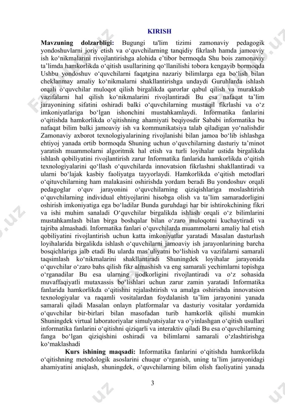 a innovatsion texnologiyalar va raqamli vositalardan foydalanish ta’lim jarayonini yanada samarali qiladi masalan onlayn platformalar va dasturiy vositalar yordamida o‘quvchilar bir-birlari bilan masofadan turib hamkorlik qilishi mumkin shuningdek virtual laboratoriyalar simulyatsiyalar va o‘yinlashgan o‘qitish usullari informatika fanlarini o‘qitishni qiziqarli va interaktiv qiladi bu esa o‘quvchilarning fanga bo‘lgan qiziqishini oshiradi va bilimlarni samarali o‘zlashtirishga ko‘maklashadi kurs ishining maqsadi: informatika fanlarini o‘qitishda hamkorlikda o‘qitishning metodologik asoslarini chuqur o‘rganish, uning ta’lim jarayonidagi ahamiyatini aniqlash, shuningdek, o‘quvchilarning bilim olish faoliyatini yanada samarali qilish uchun zamonaviy va innovatsion metodlar hamda texnologiyalarni ishlab chiqishdan iborat. ushbu ish informatika fanlarida hamkorlikda o‘qitishning nafaqat nazariy asoslarini yoritib beradi, balki uning amaliyotdagi qo‘llanilishi bo‘yicha tavsiyalar ham ishlab chiqadi. hamkorlikda o‘qitish informatika fanlarini o‘rganishda o‘quvchilarning tanqidiy fikrlash, muammolarni hal etish va jamoada ishlash qobiliyatlarini rivojlantirishda muhim ahamiyatga ega. informatika sohasida, xususan, dasturlash, algoritmlarni tuzish va ma’lumotlar tahlili kabi yo‘nalishlar jamoaviy faoliyatni talab qiladi. shu sababli, ushbu kurs ishining maqsadi o‘quvchilarning …