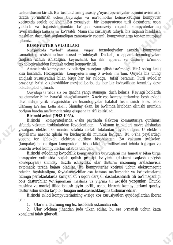 batda u natijada, u jadvallarni xatosiz hisoblashni kafolatlaydigan mashina yaratish to‗g‘risida o‗ylay boshladi. . bu borada babbij 1822 yilda ishonchli jadvallarni ishlab chiqa oladigan "difference engine"ni yaratdi. 1842-yilda babbij o‗rtacha tezligi daqiqada 60 ta amal bajara oladigan istalgan matematik masalalar uchun asosiy arifmetik funksiyalarni bajarish uchun to‗liq avtomatik tahlil mashinasi yangi g‘oyasi bilan chiqdi. afsuski mashinaning ishchi modelini qurishga uning imkoni bo‗lmadi, chunki bu davrda mashina ishlab chiqarish uchun zarur bo‗lgan aniq muhandislik xali mavjud emas edi. biroq, uning sa‘y-harakatlari har qanday raqamli dasturlashtiriladigan kompyuter konstruksiyasi uchun asos bo‗luvchi bir qator tamoyillarni o‗rnatdi. birinchi avtomatik hisoblash mashinalarining asosiy kamchiligi ularning dasturlari dasturlarni o‗zgartirish qiyin bo‗lgan taxtachalarga ulangan edi. 1940 yillarda, doktor jon fon neyman dasturiy ta‘minotning xal qilinishi qiyin bo‗lgan muamolariini bartaraf qilishda yordam bergan ―saqlab qo‗yiladigan dastur‖ tushunchasini kiritdi. bu tushunchaning asosiy g‘oyasi operasiyalar oqimini avtomatik tarzda yo‗naltirish uchun buyruqlar va ma‘lumotlar ketma-ketligini kompyuter xotirasida saqlab qolishdir. bu xususiyat …