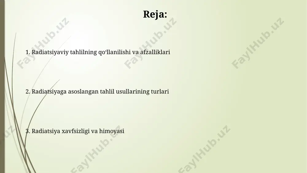 qali radioaktiv izotoplarni aniqlash mumkin. radioaktiv izotoplarni aniqlashda gamma-spektroskopiyaning aniqligi detektorning samaradorligi va energiya rezolyutsiyasi (masalan, 2 kev) kabi parametrlarga bog'liq. tibbiyotdagi radiatsion tahlilning qo'llanilishi kompyuter tomografiyasi (kt) yordamida miya shishi hajmini (masalan, 10 sm³) va joylashuvini aniqlash mumkin, bu esa jarrohlik amaliyoti rejalashtirishda muhim ahamiyatga ega. tibbiyotda rentgenografiya yordamida suyak sinishlarini aniqlash, 20-30 kv kuchlanishli rentgen nurlanishidan foydalaniladi va tasvirlarni tahlil qilish orqali sinishning turi va og'irligi aniqlanadi. radiatsion terapiya va uning texnik jihatlari braxiterapiya, ya'ni o'sma hududiga radioaktiv manbalarni joylashtirish, ba'zi saraton turlari, xususan prostata va bachadon saratonida 90% dan yuqori muvaffaqiyat ko'rsatkichiga ega bo'lishi mumkin. radiatsion terapiyaning zamonaviy usullari, masalan, imrt (intensiv modulli radiatsion terapiya) va vmat (volumli modulli ark terapiyasi) 5-10 mm aniqlikda nurlanishni maqsadli joylashtirish imkonini beradi va sog'lom to'qimalarga ta'sirini kamaytiradi. radiatsion himoya va xavfsizlik choralari radiatsiya bilan ishlashda 50 msv dan oshmasligi kerak boʻlgan yillik dozani nazorat qilish va meʼyordan oshib ketgan taqdirda …