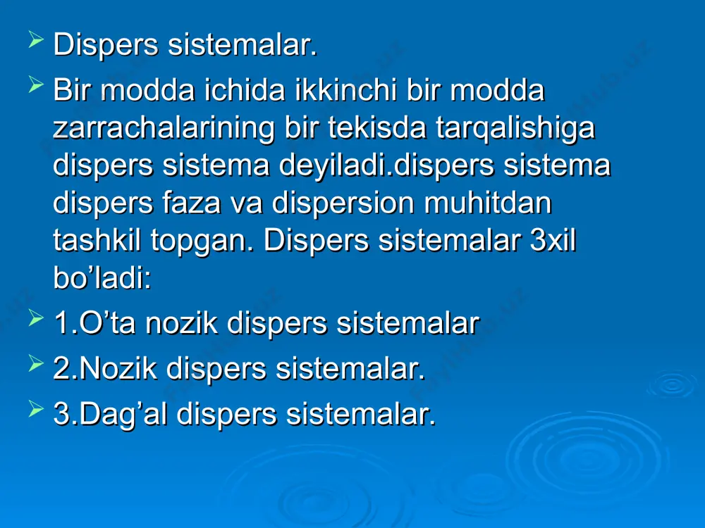 s sitemalarda zarrachalar kattaligi har xil bo’lgan polidispers sitemalardir. moddalarning erish mexanizmi. moddalar eriganda issiqlik yutiladi yoki ajralib chiqadi. bir mol modda eriganda yutiladigan yoki ajralib chiqadigan issiqlik miqdori shu moddaning erish issiqligi deb ataladi qattiq moddalarning erish jarayoni ketma-ket ikki bosqichdan iborat bo’lib, bularning har birida issiqlik effekti sodir bo’ladi: 1. erish jarayonida qattiq moddalarning kristall panjarasi parchalanadi. buning uchun ma`lum energiya sarf qilish kerak, demak bu jarayonda issiqlik yutiladi (-q1). 2. erigan modda zarrachalarining erituvchi molekulalari bilan o’zaro ta`siri (solvatlanish) natijasida issiqlik ajralib chiqadi (+q2). kristallarning suvda erish jarayoni. qattiq, suyuq va gaz moddalarning suyuqliklarda eruvchanligi. genri qonuni. turli moddalarning bir erituvchida o’zida eruvchanligi turlicha bo’ladi. qattiq jismning suyuqlikda eruvchanligi o’zgarmas bosimda temperatura ortishi bilan ortadi. masalan, suvda temperatura ortishi bilan kaliyli selitra kno3, qo’rg’oshin nitrat pb(no3)2 va kumush nitrat agno3 larning eruvchanligi ortadi. temperatura ortishi bilan osh tuzi nacl ning eruvchanligi esa, deyarli o’zgarmaydi. lekin qattiq modda …