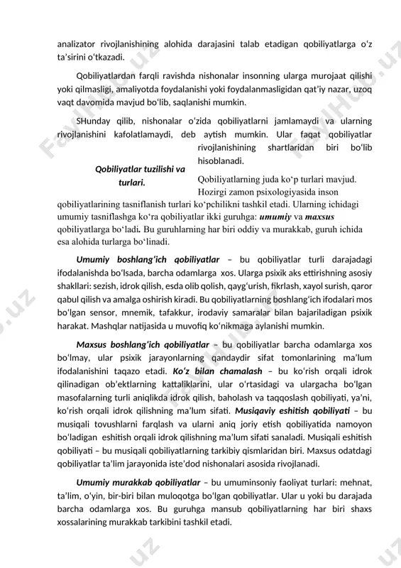 farqlarning tabiiy asosini belgilab beradi. ko‘pchilik psixologlarning fikricha, nishonalar – bu asab tizimining irsiyat tomonidan belgilangan (tug‘ma) anatomik-fiziologik xususiyatlari. lekin olimlarning ayrimlari, masalan, r.s. nemov, odamda ikki xil nishonalarning: tug‘ma (tabiiy) va orttirilgan (ijtimoiy) turlari mavjudligini faraz qiladilar. nishonalarning rivojlanishi – bu tarbiya sharoitlari va jamiyat rivojlanishining xususiyatlari bilan bog‘liq bo‘lgan ijtimoiy shartlangan jarayon. jamiyatda u yoki bu kasbga ehtiyoj tug‘ilgan sharoitda nishonalar rivojlanadi va qobiliyatlarga aylanadi; nishonalar rivojlanishining ikkinchi muhim omili tarbiyalash xususiyatlari hisoblanadi. nishonalar maxsus bo‘lmaydi. odamda muayyan turdagi nishonalarning mavjudligi qulay sharoitlarda ular asosida ma’lum qobiliyatning rivojlanishi zarurligini bildirmaydi. bir xil qobiliyatlar asosida faoliyat talablarining xususiyatiga ko‘ra turli xil qobiliyatlar rivojlanishi mumkin. xuddi shunday, eshitish qobiliyati va ohang hissiga ega bo‘lgan odam musiqa ijrochisi, dirijer, raqqosa, qo‘shiqchi, musiqa tanqidchisi, pedagog, bastakor va h.k. bo‘lib etishishi mumkin. shu bilan birga, nishonalar kelajakdagi qobiliyatlar xarakteriga ta’sir etmasligini inkor etish yaramaydi. xuddi shunday, eshitish analizatorining xususiyatlari aynan ushbu analizator rivojlanishining …