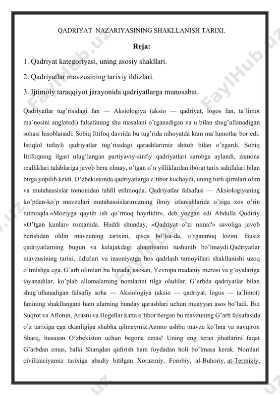 kllangani ham ularning bunday qarashlari uchun muayyan asos bo’ladi. biz suqrot va aflotun, arastu va hegellar katta e`tibor bergan bu mavzuning g’arb falsafasida o’z tarixiga ega ekanligiga shubha qilmaymiz.ammo ushbu mavzu ko’hna va navqiron sharq, hususan o’zbekiston uchun begona emas! uning eng teran jihatlarini faqat g’arbdan emas, balki sharqdan qidirish ham foydadan holi bo’lmasa kerak. nomlari civilizaciyamiz tarixiga abadiy bitilgan xorazmiy, forobiy, al-buhoriy, at-termiziy, beruniy, ibn sino, najmiddin kubro, yassaviy, naqshband, ulug’bek, navoiy, mashrab, bedil, behbudiy, avloniy kabi mutafakkirlar ijodida ham bu mavzuning izlari bor, teran qirralari ochilgan. gap ana shu izlarni izlab topishda, ularni unutmaslikda, sayqallab turishda, zamona realliklari nuqtai nazaridan holisona talqin qilishdadir.avlod va ajdodlarimiz yaratgan qadrlash mezonlarining tarixi eng qadimgi naqllar, rivoyatlar, afsona, hikoyat, dostonlarga, ya`ni halq og’zaki ijodi namunalariga borib taqaladi. spitamen, muqanna va jaloliddin manguberdi tug’risidagi asarlarda, alpomish, to’maris va shiroq tug’risidagi afsona va dostonlarda vatanparvarlik, halq va yurt ozodligi uchun fidoyilik kabi ko’plab umuminsoniy …