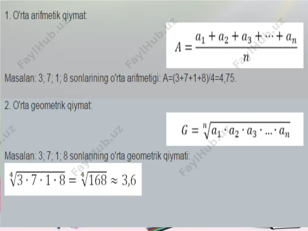 o’rta arifmetik va o’rta geometrik qiymatlar va ularga oid misollar - Page 5