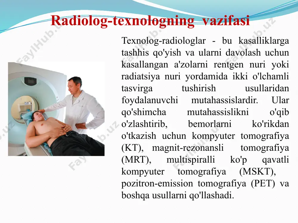 u a'zoda to'planib qoladigan radioizotoplarni ishlatadi. organizm hujayralari radioaktiv izotopni radioktiv bo'lmaganidan ajratib o'tirmaydi, shuning uchun organizmga yuborilgan izotoplar oson qo'shilib ketadi. radioaktiv atomlar nur tarqatib turganligi uchun, ularni topib olish oson bo'ladi. rakni davolash uchun radioaktiv izotop bilan to’ldirilgan urug’lar organizmga implant qilinadi . (a) skaner a'zolarda to'plangan radioizotop chiqarayotgan nurni aniqlash uchun ishlatiladi. (b) skanerlangan qalqonsimon bez tasvirida iod-131 to'planganligi ko'rinadi. radioizotoplar yordamida skanerlash kt kompyuterli tomografiya kt bosh miyadagi o’smani (sariq rangda) ko’rsatadi. mrt mrt (magnit-rezonansli tomografiya) – bu usul magnit va radioto'lqinlarni kopyuter yordamida tasvirga o'tkazib berishga asoslan. yurak va o'pkaning tasvirini xosil qilish imkoniyatini beradi peт miyaning pozitron emission tomografiya pet tasvirida chap tarafda normal, o'ng tarafda alsgeymer kasalligiga uchragan xolati ko'rsatilgan. brahiterapiya brahiterapiya – yaqin masofada radioizotopni joylashtirish ir-192 nur taratib turishi uchun kateterga joylashtirilib vaqtincha ko'krakga o'rnatiladi. mskt – multispiralli kompyuterli tomografiya -tekshirilayotgan a'zolarni kesimida ko'rish imkoniyatini beradi. bu usul turli zichlikka ega …