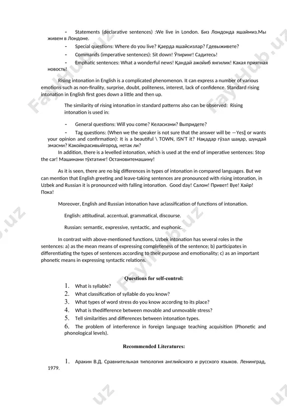 u.k. contrastive linguistics of the english and uzbek languages. tashkent, 2013. 4. abduazizov a. a. phonology and morphonology of uzbek language. tashkent, 2010. 5. abduazizov a. a. english phonetics. a theoretical course. tashkent, 2007. 6. оливериус, з. фонетика русского языка. praha: spn, 1978. 7. лизалова, л. и. упражнения по фонетике современного русского языка. брно: му, 1991. 8. jamolxonov h. hozirgi o ‗zbek adabiy tili. toshkent, 2005. 9. ranmatullayev sh. hozirgi adabiy o ‗zbek tili. toshkent, 2007. image4.png image1.png image2.png image3.png