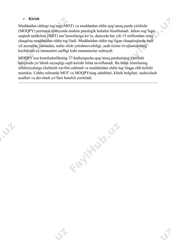 moqpy homiladorlikning 37-haftasidan oldin qog‘anoq pardasining yirtilishi va yo‘ldosh suyuqligining chiqib ketishi bilan tavsiflanadi. bu holatning asosiy sabablari: · infeksiyalar · bachadonning ortiqcha taranglashishi · bachadon bo‘yni zaifligi · homiladorlikning ko‘p suyuqlik bilan kechishi moqpy chaqaloqning infektsiyaga chalinish xavfini oshiradi va tug‘ruq jarayonini tezlashtirishi mumkin. · 6. muddatdan oldin qog‘anoq parda yirtilishining klinik belgilari va tashxislash moqpy belgilari: · qindan suvning chiqib ketishi · qorinda og‘riq va og‘irlik hissi · haroratning ko‘tarilishi (infeksiya mavjud bo‘lsa) tashxislash: · amniotik suyuqlikni aniqlash testi · ultrasonografiya · bachadon bo‘yni tekshiruvi · 7. muddatdan oldin qog‘anoq parda yirtilishining oqibatlari va davolash usullari moqpy chaqaloq uchun quyidagi asoratlarga olib kelishi mumkin: · infektsiya · nafas olish muammolari · tug‘ruqning vaqtli boshlanishi davolash: · antibiotik terapiya · nafas olishni yaxshilash uchun steroidlar · shifokor nazorati ostida homiladorlikni davom ettirish yoki tug‘ruqni chaqirish · xulosa mot va moqpy perinatal tibbiyotda dolzarb muammolardan biri hisoblanadi. ularning oldini olish …