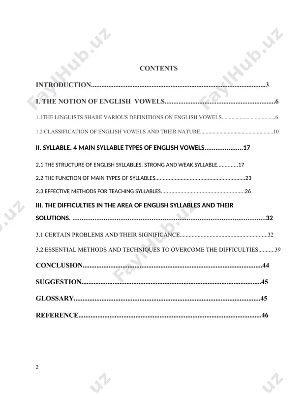 .....................................................46 introduction in most languages have their grammer and phonetics that are the most essential part of languag and also in english. vowels and syllables are considered as basic terms of grammar and phonetic level of the english language. the terms are strongly interdependent with each other. it is obvious that no enough experience and knowledge on the themes, no efficient success and any chance to be leader in grammar and pronunciation. it is right in any field has its own difficulties, in the course work we pick up relevant clues on english vowels and syllable structure and select suitable methods to destroy some disorders in the area of syllable types of english vowels. before making the investigation in our coursework we should give some notions on its organization structure. the theme of my course work: "problems and their solutions of 4 syllable types of english vowels" i have chosen …