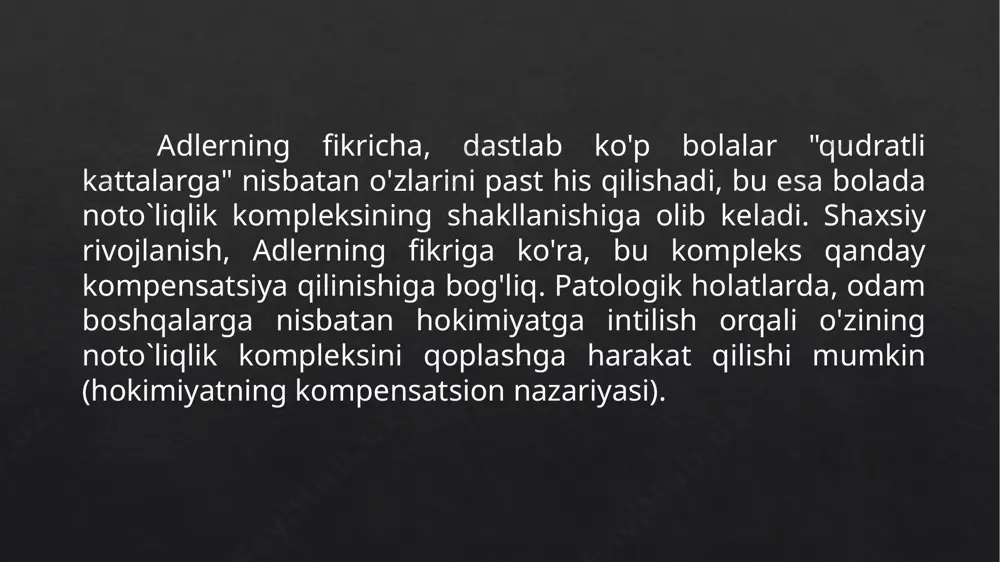 iloji boricha ko'proq narsani olishdir. biroq, ularning faolligi past bo'lgani uchun, boshqalarga azob -uqubat keltirishi dargumon. qochuvchi tip. bu turdagi odamlarda yetarli ijtimoiy qiziqish ham, o'z muammolarini hal qilish uchun zarur bo'lgan faoliyat ham yo'q. ular muvaffaqiyatga erishishdan ko'ra, muvaffaqiyatsizlikdan qo'rqishadi, ularning hayoti ijtimoiy foydasiz xatti -harakatlar va hayotiy muammolarni hal qilishdan qochish bilan tavsiflanadi. boshqacha qilib aytganda, ularning maqsadi hayotdagi barcha muammolardan qochishdir va shuning uchun ular muvaffaqiyatsizlikka uchrashi mumkin bo'lgan narsadan uzoqlashadi. ijtimoiy foydali tip. bu turdagi odamlar adlerning e'tiqod tizimida kamolot timsolidir. u yuqori ijtimoiy qiziqish va yuqori faollik darajasini birlashtiradi. ijtimoiy yo'naltirilgan bo'lgan bunday odam boshqalarga haqiqiy g'amxo'rlik ko'rsatadi va ular bilan muloqot qilishdan manfaatdor. u hayotdagi uchta asosiy vazifani - ish, do'stlik va muhabbatni ijtimoiy muammo sifatida qabul qiladi. bu turga mansub odam, bu hayotiy muammolarni hal qilish hamkorlik, shaxsiy jasorat va boshqalarning farovonligiga hissa qo'shishga tayyor bo'lish kerakligini tushunadi. ijtimoiy manfaatlar adlerning individual psixologiyasida …