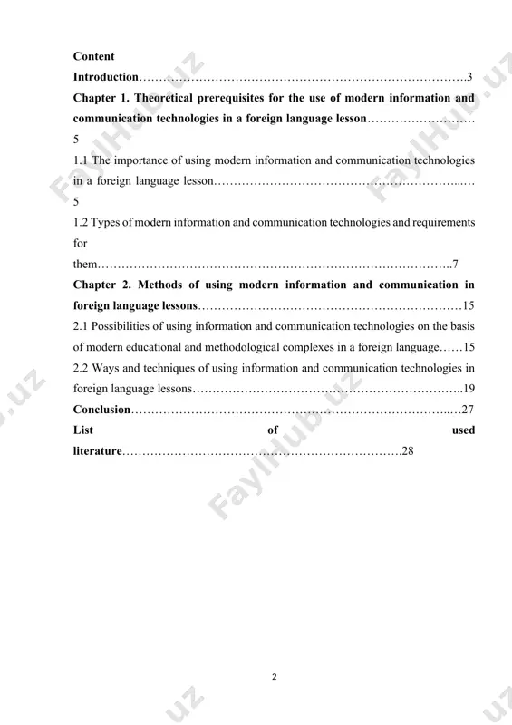 ation, as well as improving the mechanisms for managing the education system in modern conditions of the information society. informatization of education could not but affect language education. in recent years, quite a lot of research has appeared, including articles in the journal foreign languages ​​at school, in which the authors describe methods of teaching a foreign language based on ict. moreover, at the present stage, new requirements are imposed on the professional competence of teachers and teachers of a foreign language - the possession of competence in the field of using ict in teaching a foreign language and culture.[footnoteref:1] [1: azimov e. g., shchukin a. n. a new dictionary of methodological terms and concepts. udc 811.161.1(072) bbk 81.2rus-03-4 a35. - s. 313.] the purpose of this work is to identify the significance and application of modern information and communication technologies in a foreign language lesson. the subject of the …