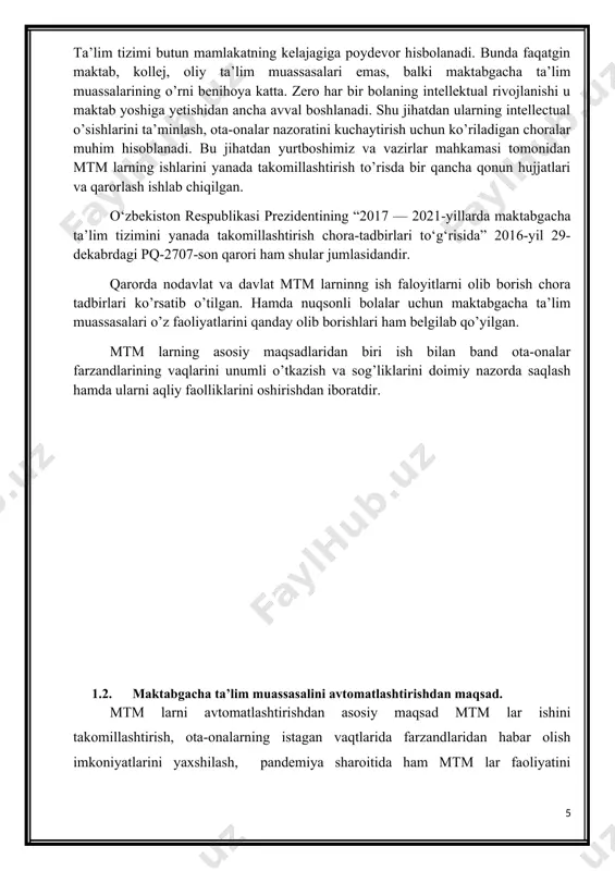 ing maqsadi – bolalarni maktabdagi o’qishga tayyorlash, bolani sog’lom, rivojlangan, mustaqil shaxs bo’lib shakllantirish, qobiliyatlarini ochib berish, o’qishga, tizimli ta`limga bo’lgan ishtiyoqini tarbiyalashdir. maktabgacha ta`lim muassasasida bolalarning hayoti va sog’lig’ini muhofaza qilish maktabgacha ta`lim muassasasi hamda shtatdagi tibbiyot xodimlari, shuningdek maktabgacha ta`lim muassasasiga biriktirilgan sog’liqni saqlash organlarining tibbiyot xodimlari tomonidan amalga oshiriladi. maktabgacha ta`lim muassasasida bolalarning hayoti va sog’lig’ini muhofaza qilishni tashkil etish tartibi va qoidalari, maktabgacha ta`lim muassasasiga bolalarni olib kelish va olib ketish qoidalari, maktabgacha ta`lim muassasasi binolarida xavfsizlikni tashkil etishga oid talablar, maktabgacha ta`lim muassasasida yong’in xavfsizligini tashkil etishga oid talablar, hudud xavfsizligiga bo’lgan talablar “maktabgacha ta`lim muassasalarida bolalarning hayoti va sog’lig’ini muhofaza qilishni tashkil etish tartibi to’g’risida nizom” bilan tartibga solinadi. maktabgacha ta`lim tizimi maktabgacha ta’lim muassasalari – o’zbekiston respublikasidagi ta`lim muassalarining turi bo’lib, turli yo’nalishdagi maktabgacha bo’lgan davrdagi umumta`lim dasturlarini amalga oshiradi. maktabgacha ta`lim muassasalari 2 yoshdan 7 yoshgacha bo’lgan bolalarni tarbiyalashni, o’qitishni, nazorat qilishni, …