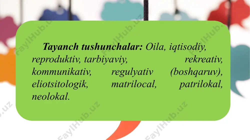 ­ning boshqarish funksiyasi ma’lum darajada rasmiy tarzda belgilab ham qo‘yilgan. oilaning ijtimoiy funksiyalari. reproduktiv (biologik nasl) tarbiyaviy (yosh avlodni jamiyat hayotiga tayyorlash) iqtisodiy va iqtisodiy (uy xo'jaligi, nogiron oila a'zolarini qo'llab-quvvatlash va homiylik qilish) ma'naviy va hissiy (shaxsiy rivojlanish, ma'naviy o'zaro boyitish, nikoh ittifoqida do'stona munosabatlarni saqlash) bo'sh vaqt (oddiy bo'sh vaqtni tashkil etish, qiziqishlarni o'zaro boyitish) jinsiy (jinsiy ehtiyojlarni qondirish) zamonaviy jamiyatda yadro oilasi eng keng tarqalgan. boshlang'ich- uch kishidan iborat oila: er, xotin va bola. bunday oila, o'z navbatida: to'liq - ikkala ota-ona va kamida bitta bolani o'z ichiga oladi to'liq bo'lmagan - faqat bitta ota-onadan iborat bolali oila yoki farzandsiz faqat ota-onadan iborat oila kompozitsion- bir nechta bolalar tarbiyalanadigan to'liq yadroli oila. bir nechta bolalar bo'lgan kompozit yadroli oilani bir nechta boshlang'ich oilalarning birikmasi sifatida ko'rib chiqish kerak. oilaning yashash joyiga qarab: matrilokal - xotinning ota-onasi bilan yashaydigan yosh oila. patrilokal - erning ota-onasi bilan birga yashaydigan …