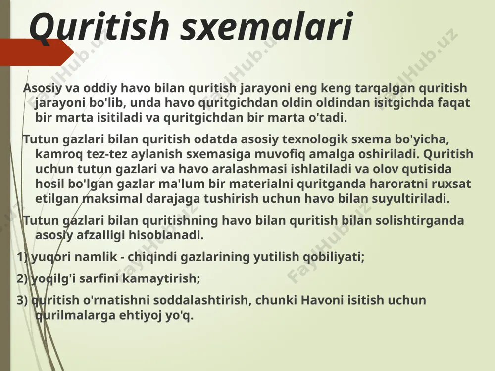 ichida rezina matodan yoki metall to'rdan yasalgan bir qator konveyer lentalari-5 joylashgan. cheksiz kamarlarning har biri etakchi 6 va boshqariladigan 2 baraban orasiga cho'zilgan. nam material yuklash voronkasi-4 ga kiradi. havo ventilyator-3 orqali so'riladi va quritgichga kirishdan oldin, rasmda ko'rsatilganidek, quritgichning pastki qismida joylashgan isitgich-8 bilan isitiladi. qo'shni kamarlarning haydash va boshqariladigan barabanlari bir-biriga nisbatan vertikal ravishda siljiydi. qo'shni kamarlarning tepalari qarama-qarshi yo'nalishda harakat qiladi . yuqori kamardagi material chapdan o'ngga siljiydi. lentaning oxiriga etib borganidan so'ng, u pastki lentaga to'kiladi va teskari yo'nalishda harakat qila boshlaydi . ushbu harakat material rozetkaga yetguncha qayta-qayta amalga oshiriladi. bo'lim-7 yordamida quritgichda quritilayotgan materialga nisbatan havoning qarshi oqimi hosil bo'ladi. tasmadan kamarga quyilganda, quritilgan material aralashtiriladi va uning yuzasi yangilanadi. bundan tashqari, bu vaqtda havo har bir zarrachaning butun yuzasi bilan aloqa qiladi, bu esa quritish jarayonini kuchaytiradi. ko'p qatlamli lentali quritgichlar quyma va kristalli mahsulotlarni quritish uchun ishlatiladi, ular mahsulotni yuklash va …