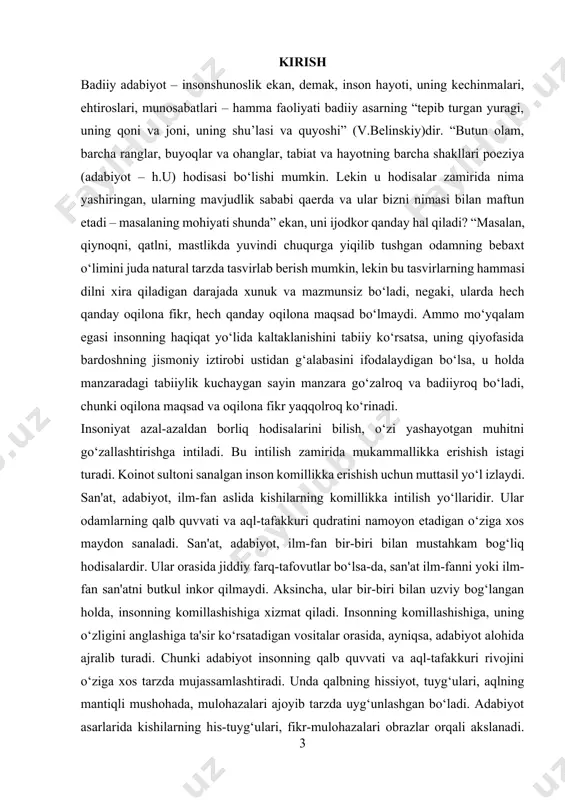 tarzda “bu nima?” degan savol bilan qaraydi va unga javob topishga harakat qiladi. moddiy hodisalarga nisbatan “nima?” degan savolni qo‘llash va bunga qanoatlantiradigan javob topish jarayoni birmuncha osonroq kechadi. chunki moddiy narsa-buyumlarni qo‘l bilan ushlasa, ko‘z bilan ko‘rsa, salmog‘ini chamalasa bo‘ladi. ularni bo‘laklash, parchalash, ichki olamini aniqlash, qanday unsurlardan tarkib topganini bilish va butlash mumkin. shuning uchun moddiy narsalar haqida aniq, ishonchli xulosalar chiqarish imkoni bir qadar keng bo‘ladi. biroq nomoddiy hodisalarning nima ekanligini aniqlash, bilish, ularning mohiyatini tushunish mushkul. masalan, barcha davrlarda qalamdan aholining barcha tabaqalari faqat yozish-chizish vositasi sifatida foydalangan. yoki ketmon hamma uchun bir xil — еrga ishlov berish quroli hisoblangan. ammo xuddi non, suv singari ahamiyat kasb etgan din, san'at, adabiyot singari nomoddiy hodisalarni odamlar har xil idrok qilishgan. aniqrog‘i, ular odamlarni har xil darajada manfaatlantirgan. aniqrog‘i, ulardan kishilar o‘z aql-tafakkuri, madaniy-ma'rifiy saviyasi imkon bergan darajada foydalanishgan. biroq hamma zamonlarda ham adabiyot barchaning tuyg‘ularini tiniqlashtiradigan, ularning …