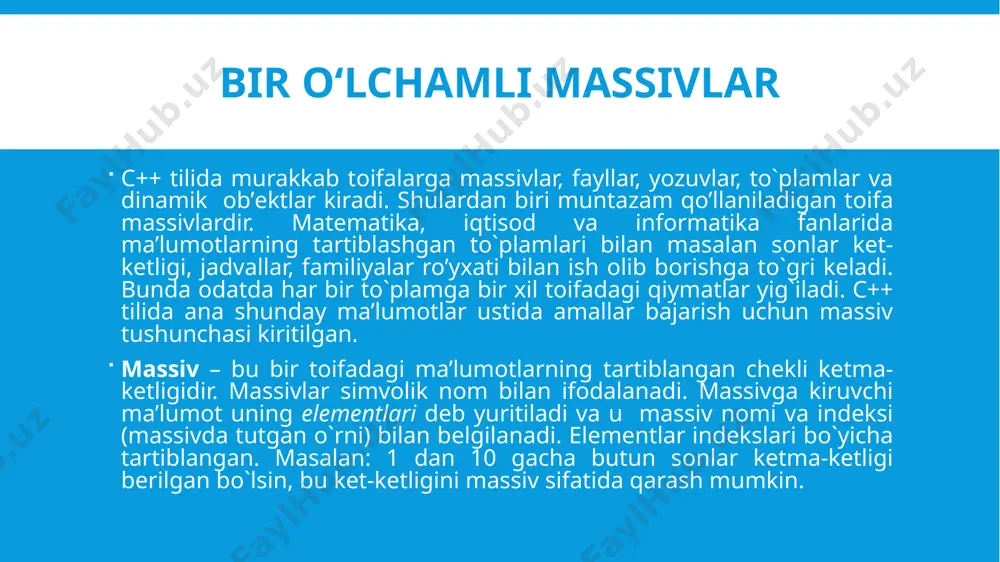 n bo‘smni k yoki m ga tеng yelеmеntlari ko`paytmasi hisоblansin bo‘smni toq qiymatli elementlarini yig‘indisini toping bo‘smni eng katta va eng kichik elementlarini o‘rni almashtirilsin etiboringiz uchun rahmat image2.wmf image3.emf image4.png image5.emf image6.png image7.png image8.png b n i=1, n a i i=1, n a i b b n i=1, n a i i=1, n t s = 0 s =s+a i s /docprops/thumbnail.jpeg