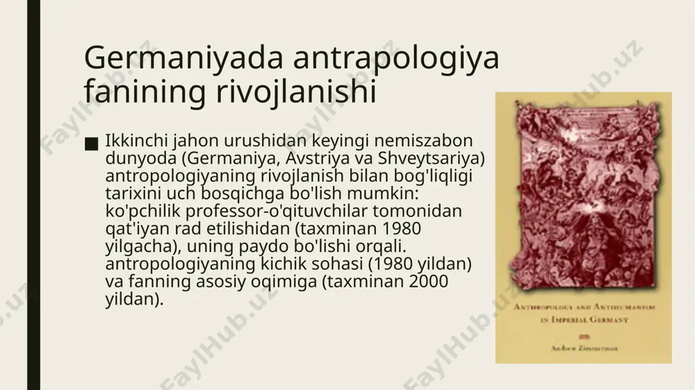etnografik tadqiqotiga aylandi. nafaqat apad dan nemis tilida so'zlashuvchi antropologlar "rivojlanishdagi antropologiyaga asoslangan rivojlanish antropologiyasi" deb ham atalgan muayyan uslubni ishlab chiqdilar. bugungi kunda rivojlanish antropologiyasi global ijtimoiy muhandislikning etnografik tadqiqotiga aylandi. fransiyada antrapologiya fanining rivojlanishi boshqa joylarda bo'lgani kabi frantsiyada ham antropologiya uzoq ibtidoiy yoki "ekzotik" jamiyatlarni o'rganish bilan shug'ullanadigan avtonom fan sifatida rivojlangan, biroq u o'z nuqtai nazarini, ayniqsa so'nggi bir necha o'n yilliklar ichida, vaqt va makonda uyga yaqinroq bo'lgan jamiyatlarni ham qamrab olishga o'zgartirdi. fransiyada antrapologiya fanining rivojlanishi frantsiyada tadqiqot olib borgan frantsuz antropologlari tomonidan so'nggi 30 yil davomida yaratilgan katta adabiyotlarni ko'rib chiqish milliy intizom an'analarining ushbu muammoni idrok etish va hal qilishda o'ziga xosligini ko'rsatadi. antropologiyaning zamonaviy frantsuz akademik va ilmiy hayotining institutsional doirasidagi pozitsiyasi, fransiyada antrapologiya fanining rivojlanishi 972 yildan beri nashr etilayotgan antropologiya® yillik sharhi antropologiyaning kichik sohalari, jumladan arxeologiya, biologik antropologiya, tilshunoslik va kommunikativ amaliyotlar, mintaqaviy tadqiqotlar va xalqaro antropologiya va …